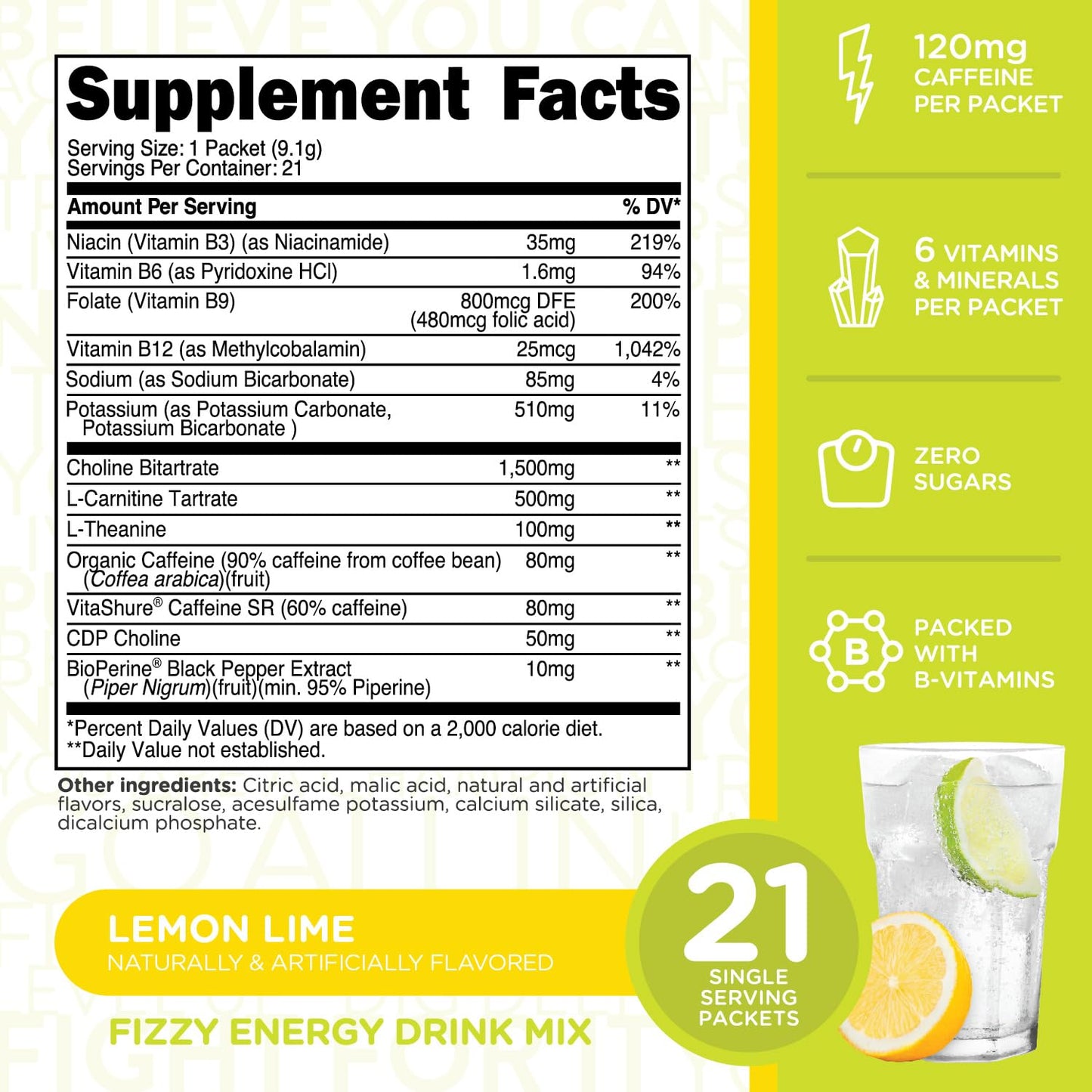 TransformHQ Bubble Boost Fizzy Energy Drink Mix (Lemon Lime Flavored) 21 Packets