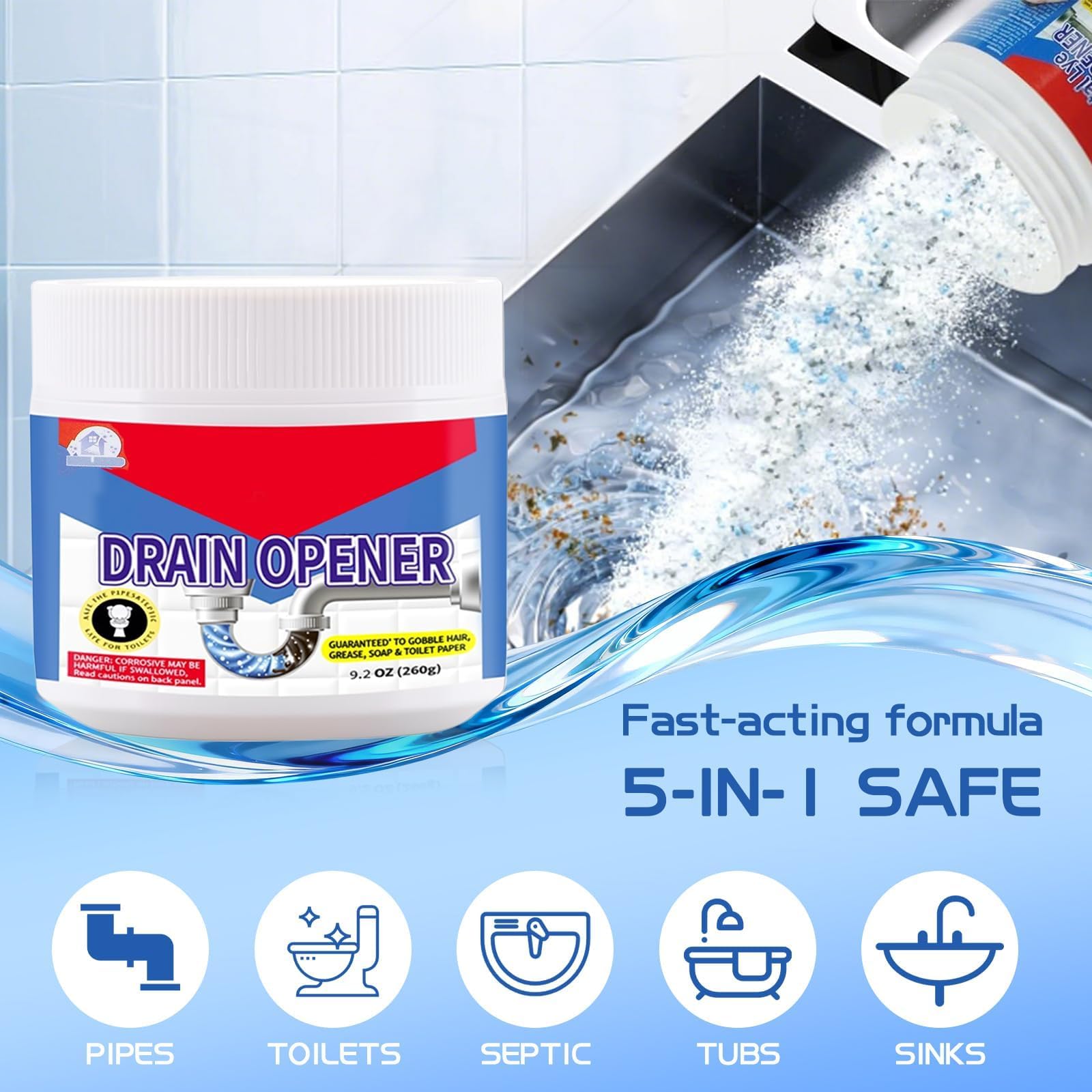 Crystal Lye Drain Opener, Pure Sodium Hydroxide Pellets Powerful Clog Remover for Bathroom & Kitchen Sinks, Drains & Shower Pipes - Pipe-Safe