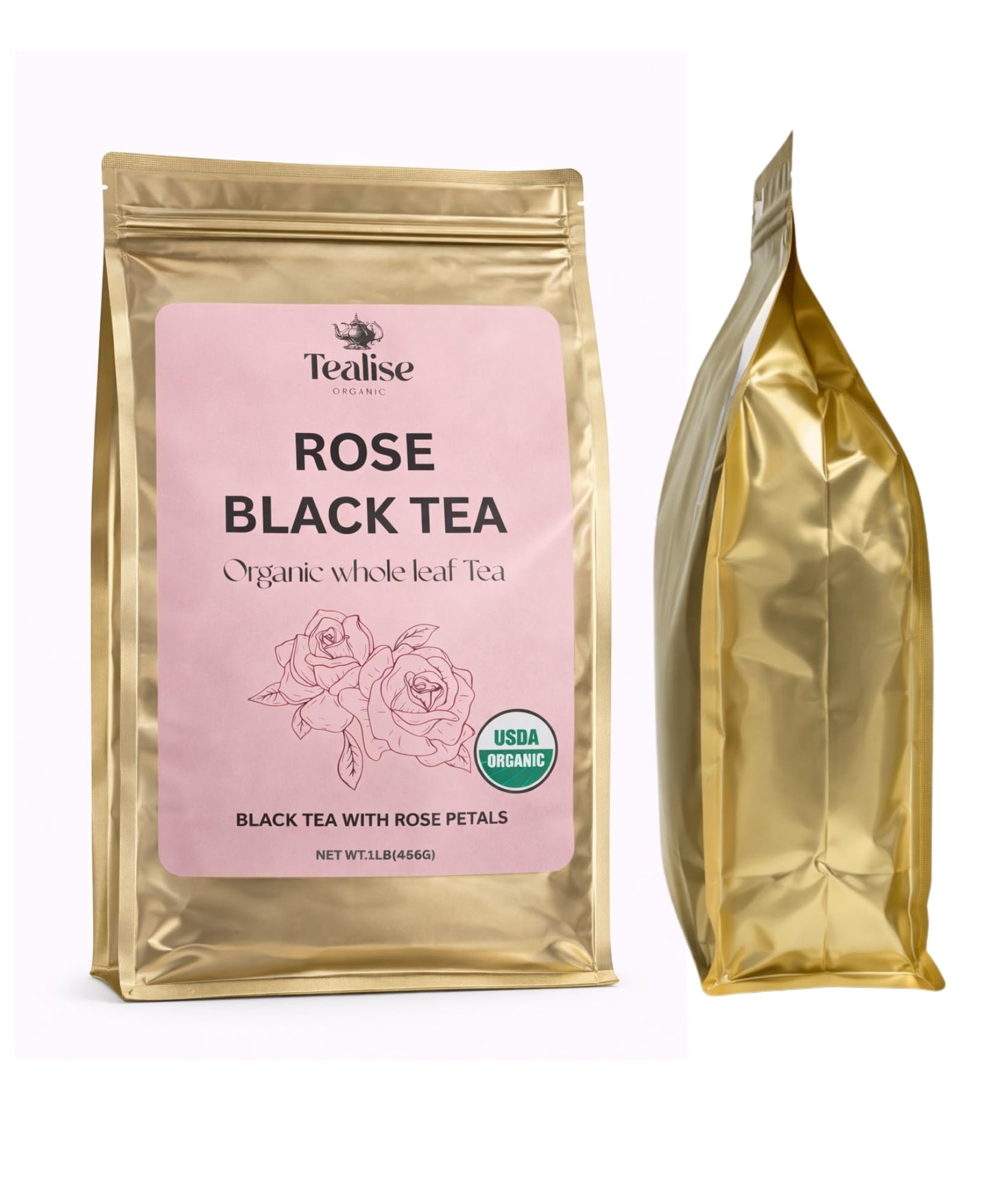 Organic Rose Black Tea Loose Leaf - Whole Leaf, USDA Organic, Smooth Floral Aroma, Antioxidant Rich Black Tea, 1 lb (456g) by Tealise
