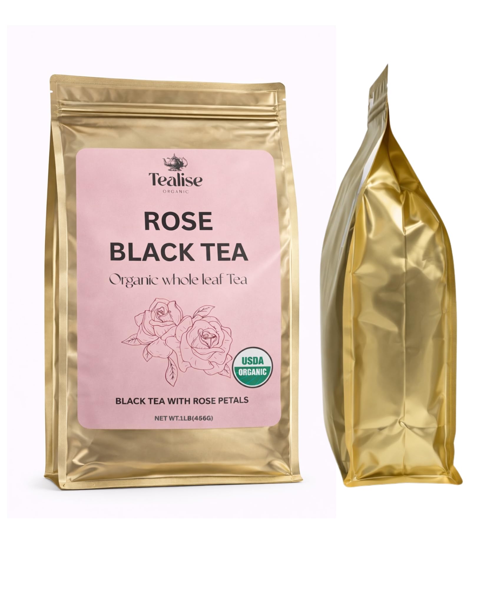 Organic Rose Black Tea Loose Leaf - Whole Leaf, USDA Organic, Smooth Floral Aroma, Antioxidant Rich Black Tea, 1 lb (456g) by Tealise