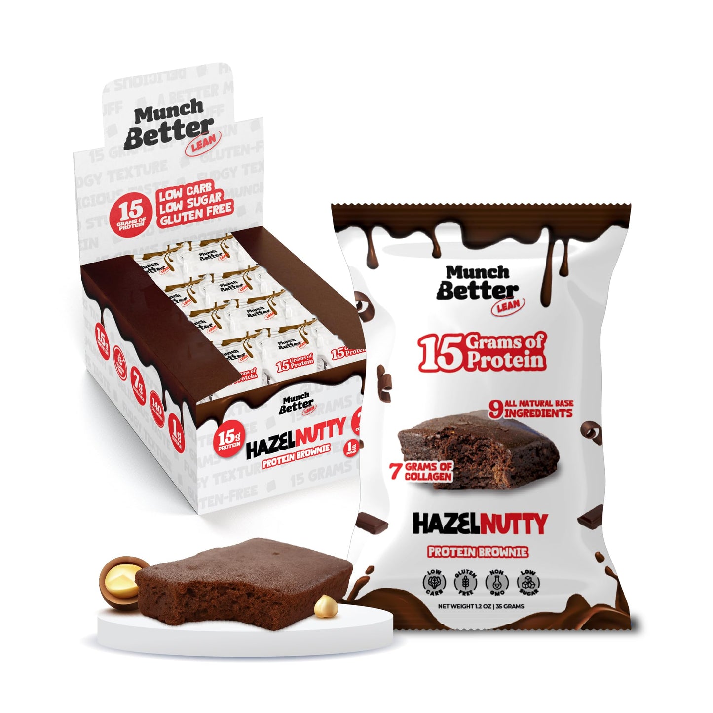 Munch Better Hazelnut Protein Brownies - 15g Protein, Low Sugar, Gluten-Free, 12 Count Box, Soft-Baked Hazelnut Brownie Bars, Individually Wrapped