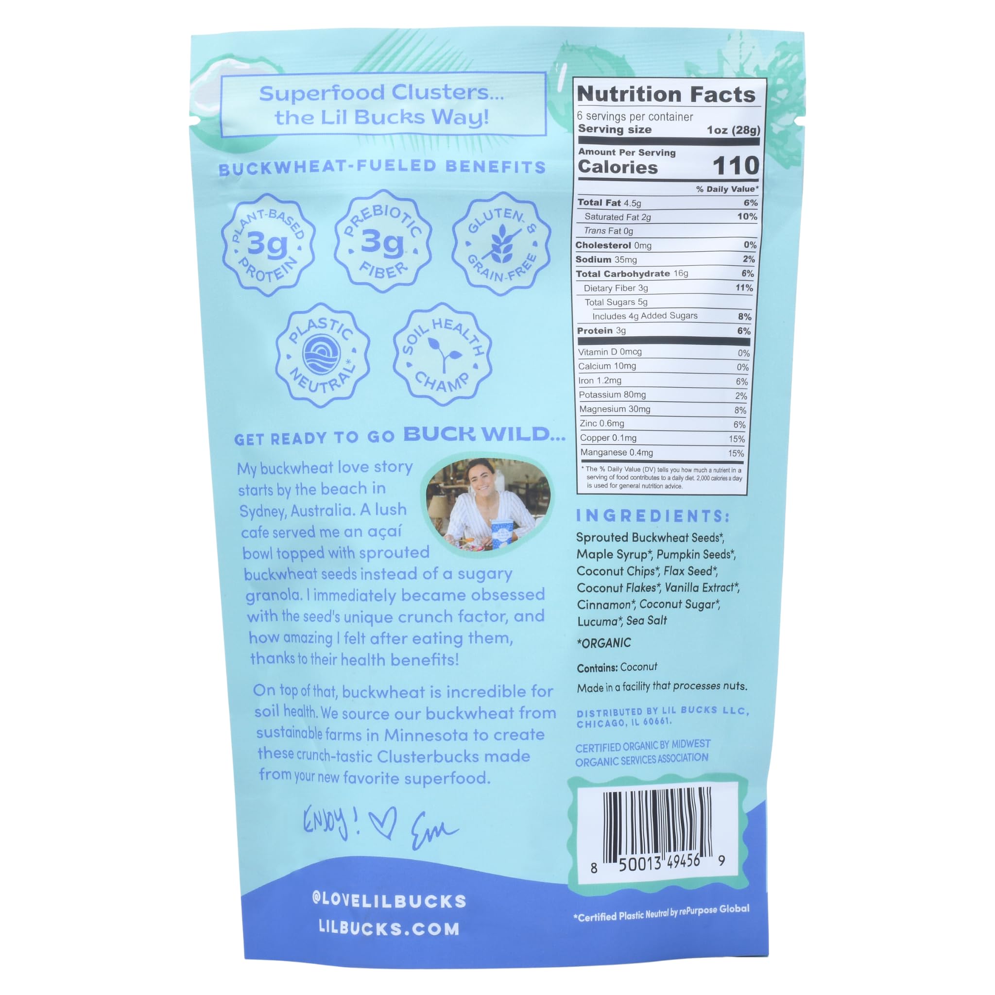 Lil Bucks Clusterbucks Gut Friendly Clusters made with Regenerative Organic Sprouted Buckwheat, Gluten Free Snack (Coco Maple, 3 Pack)