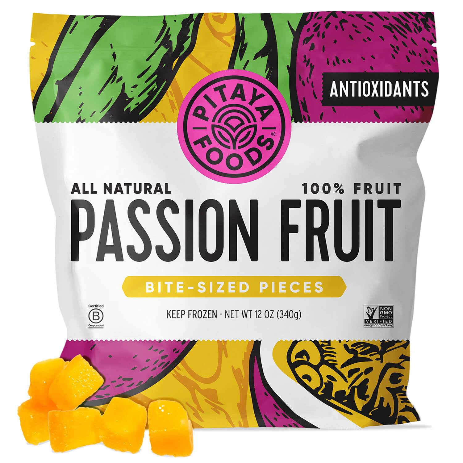 Pitaya Foods - Frozen Organic Passion Fruit Bite-Sized Pieces, Pre-Packaged Frozen Fruit, No Added Sugar or Preservatives, Good Source of Fiber, Iron