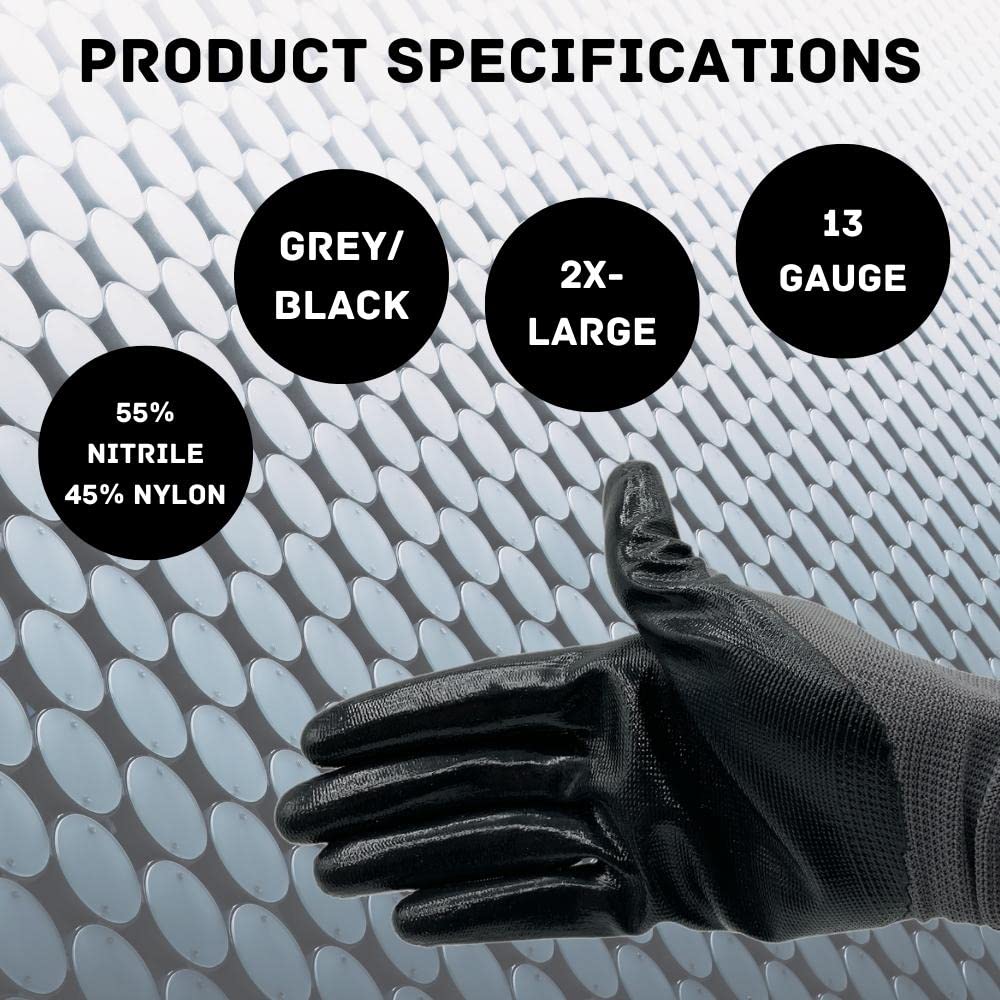 PackagingSuppliesByMail Work Gloves, Nitrile Gray Coated Nylon, Breatheable, Lightweight Garden Gloves for Men and Women, 2X-Large, 24 Pairs