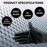 PackagingSuppliesByMail Work Gloves, Nitrile Gray Coated Nylon, Breatheable, Lightweight Garden Gloves for Men and Women, 2X-Large, 24 Pairs