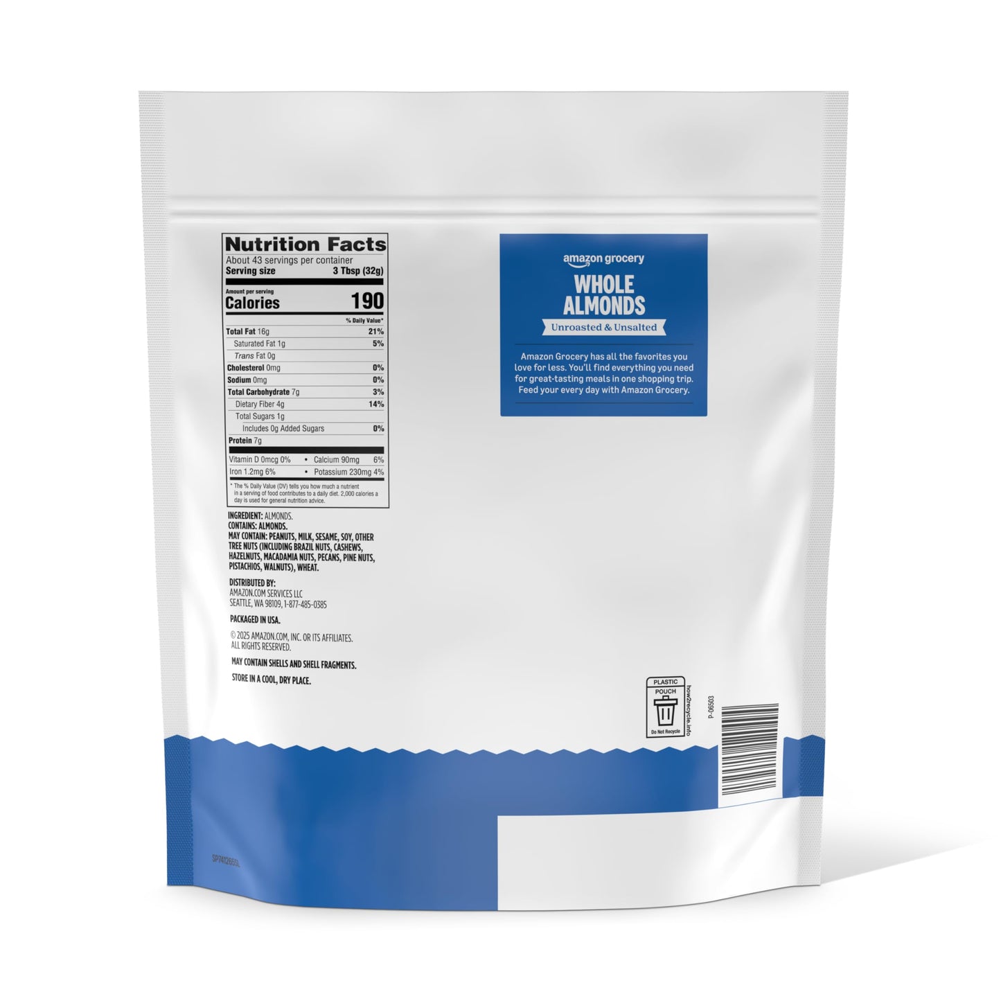 Amazon Grocery, Whole Almonds, Unroasted & Unsalted, 48 Oz (Previously Happy Belly, Packaging May Vary)