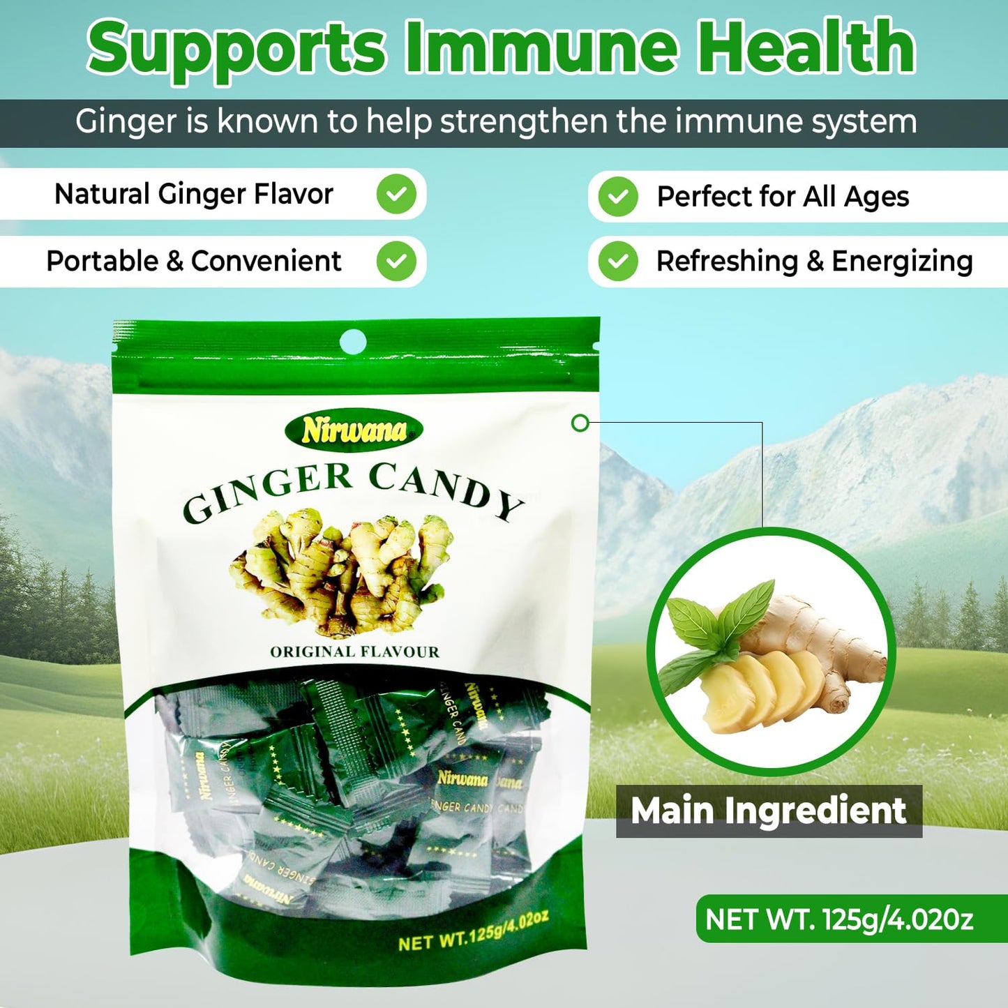 Nirwana Ginger Candy - Individually Wrapped for Freshness - Bulk Natural Candy for Travel and Everyday Enjoyment 125G/4.02 oz Original Flavour (1pack)