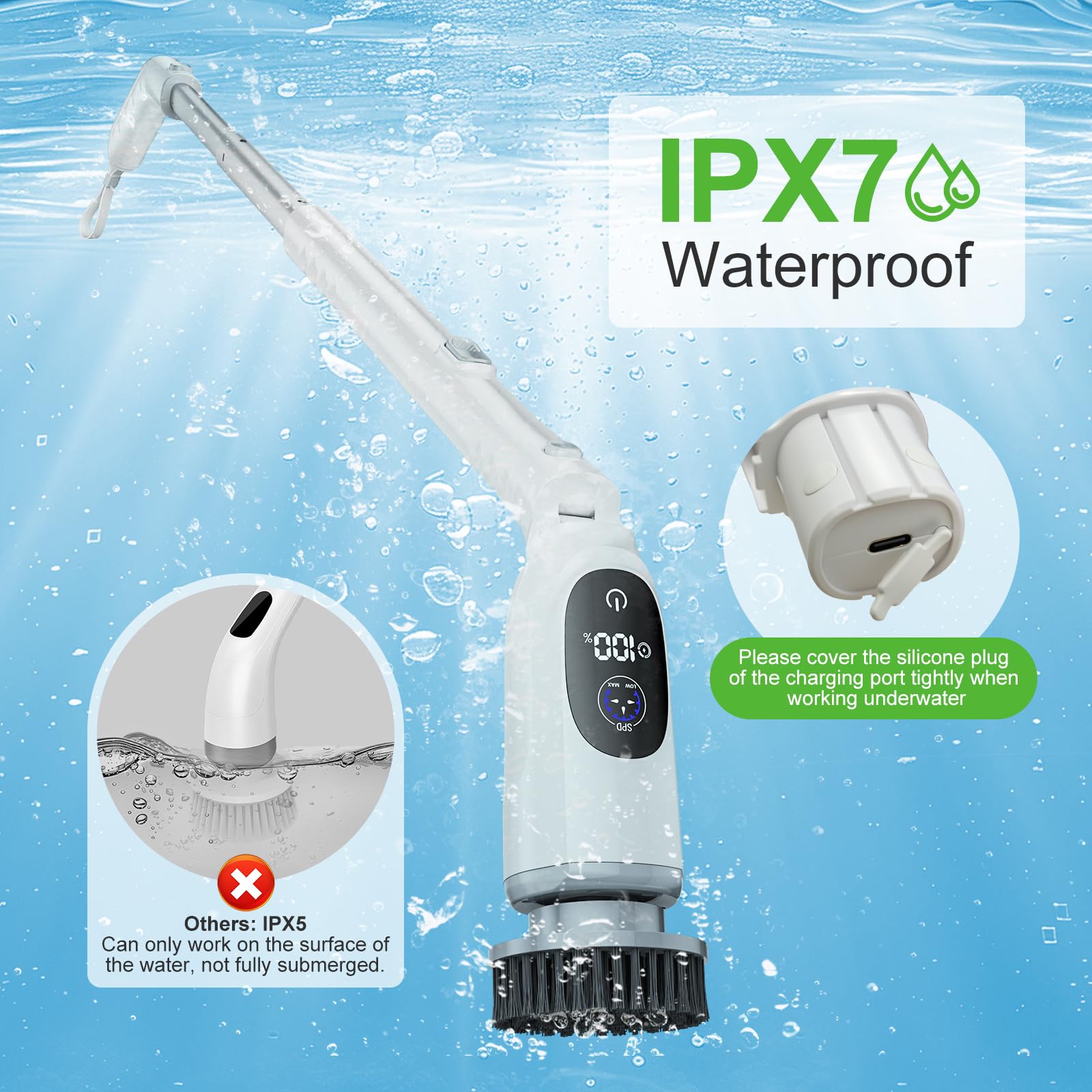 Electric Spin Scrubber, Cordless Cleaning Brush, 3H Work Time, Bathroom Scrubber with LED Display, 3-Speed Extendable Handle, IPX7 Waterproof, 8 Brush