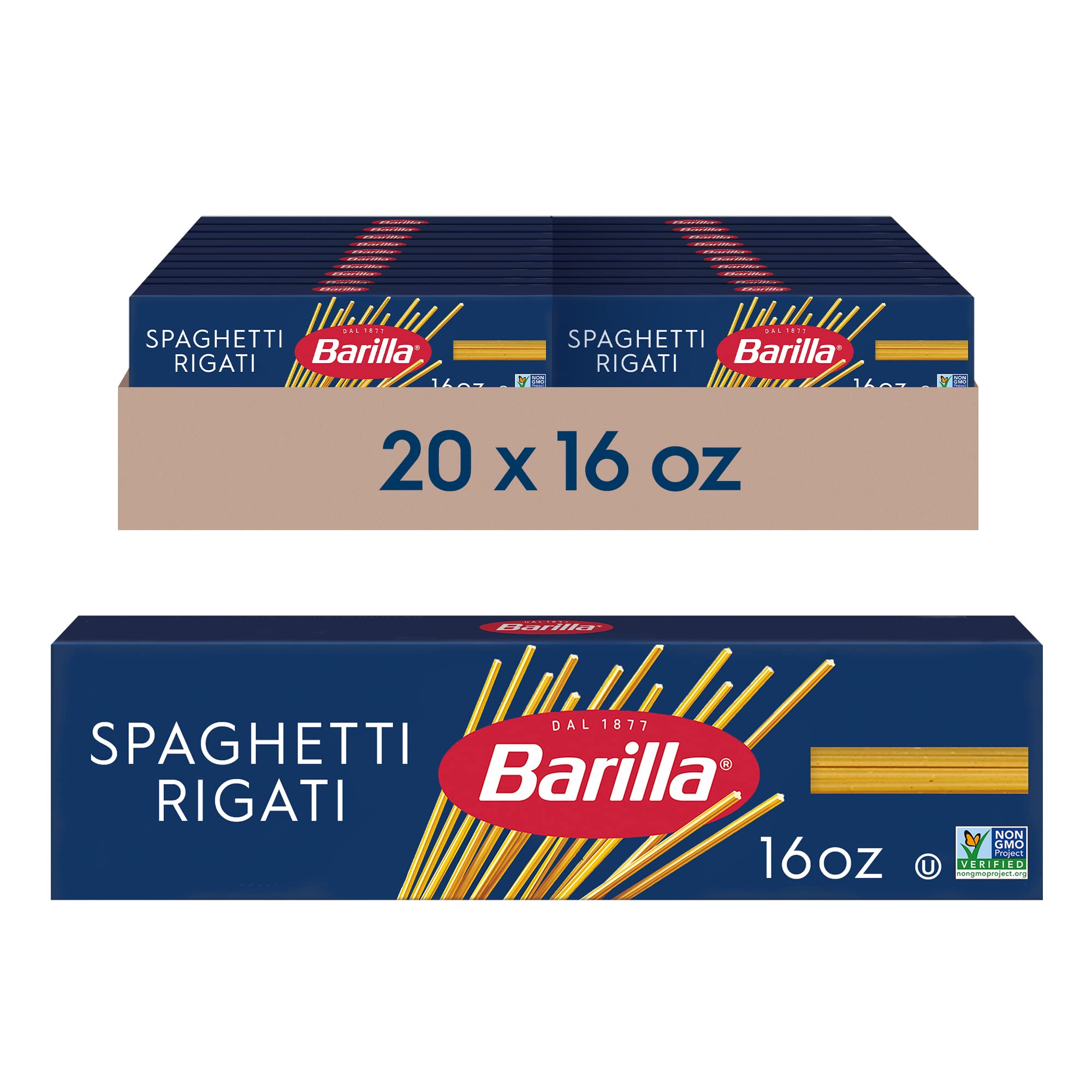 Barilla Spaghetti Rigati Pasta, 16 oz. Box (Pack of 20) - Non-GMO, Made with Durum Wheat Semolina - Kosher Certified