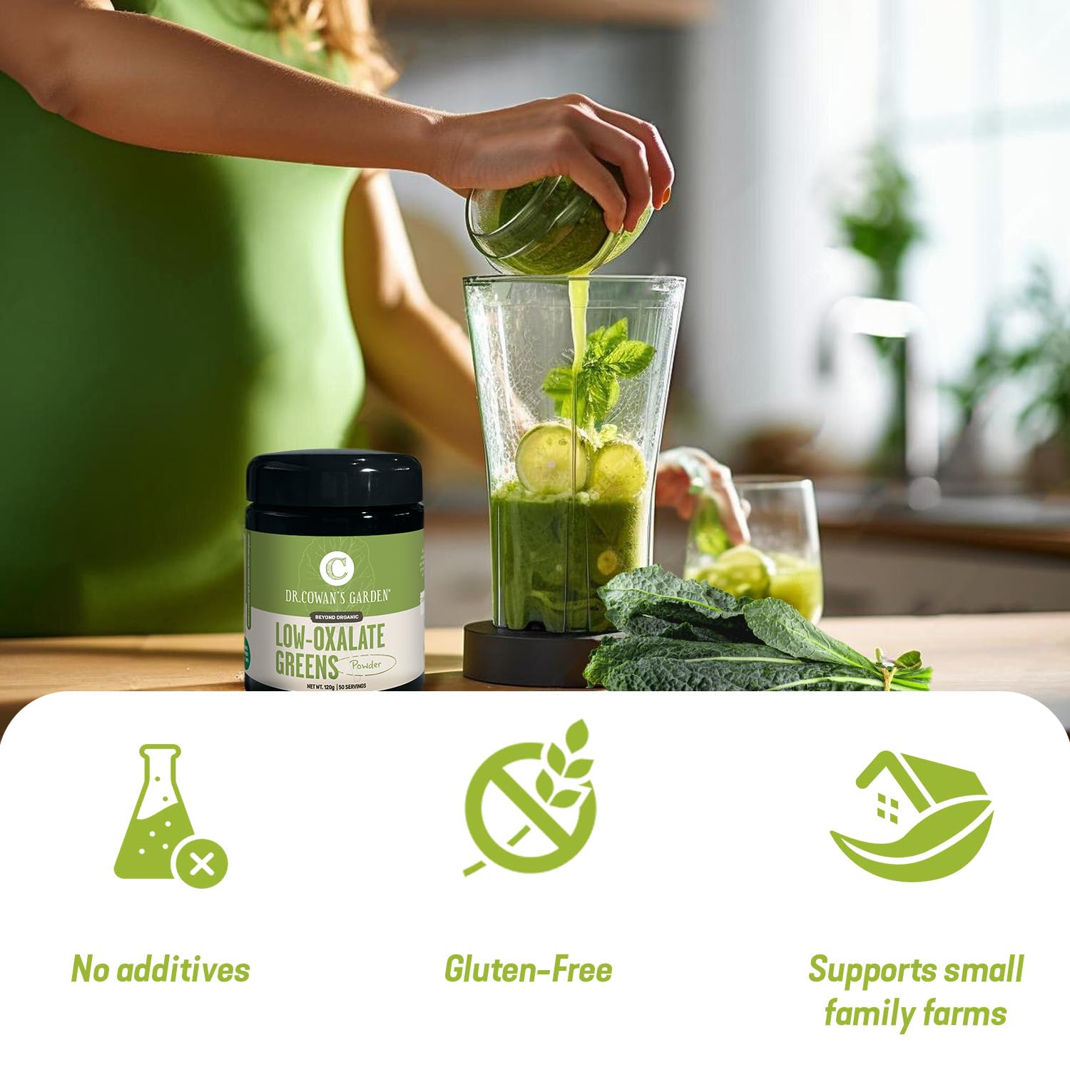 Dr. Cowan's Garden Low-Oxalate Greens Veggie Powder - Beyond Organic Superfood Greens Vegetable Powder for Drinks and Food - Lacinato Kale, Mustard