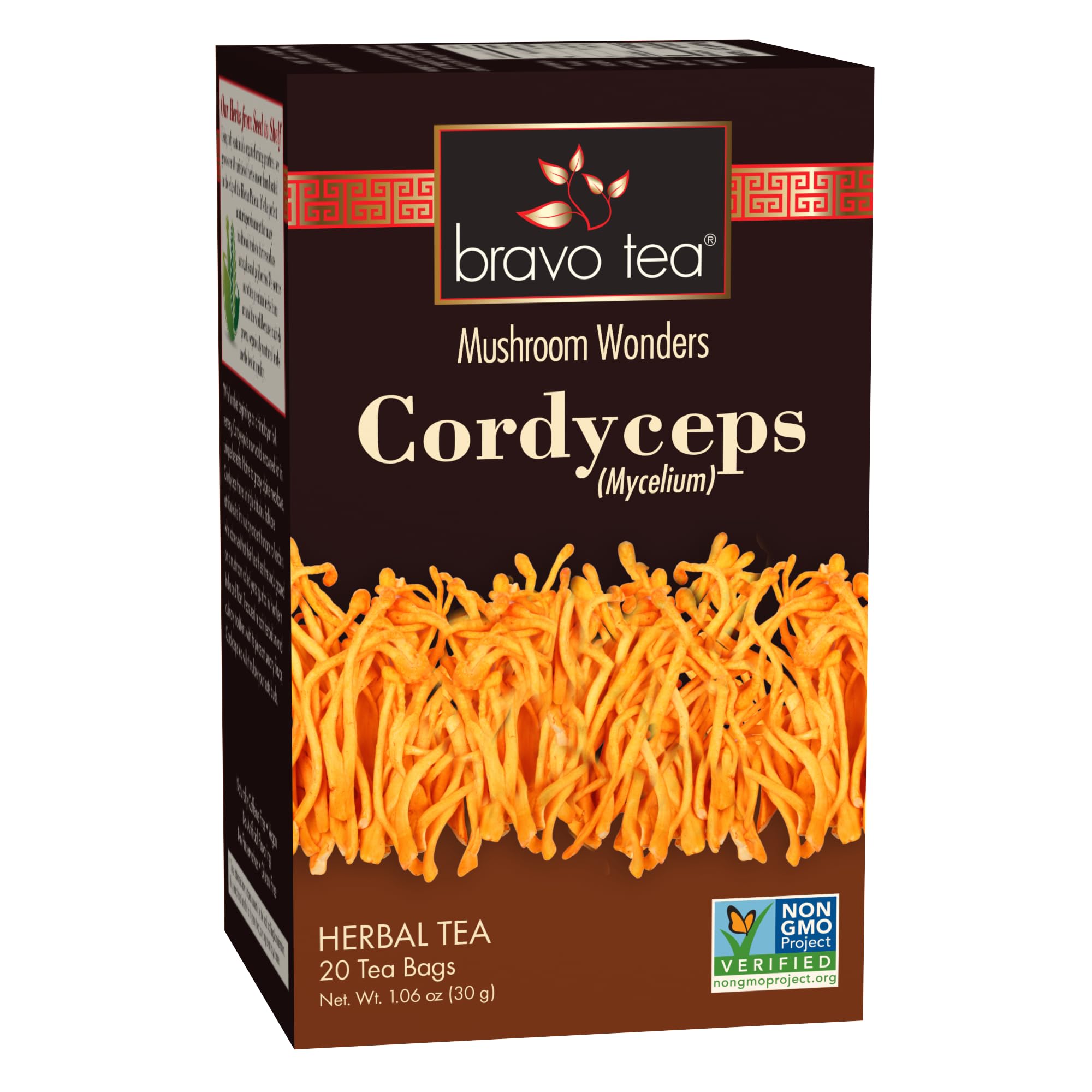 Bravo Tea Cordyceps Mushroom Herbal Tea, Caffeine Free 20 Tea Bags
