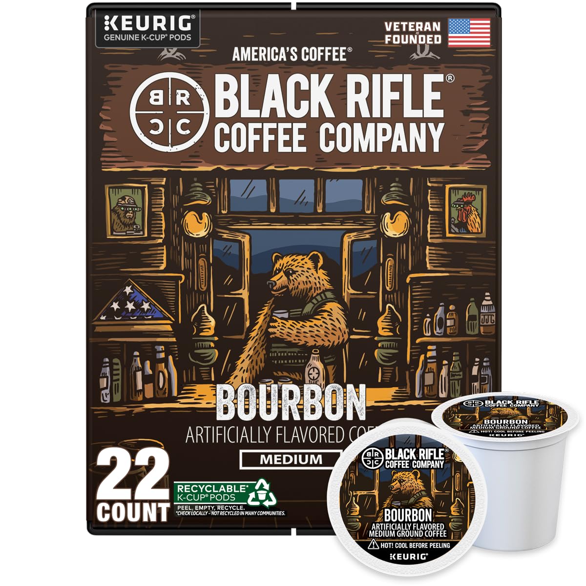 Black Rifle Coffee Company Bourbon, 22 Count, Medium Roast K Cups - Single Serve K Cups Coffee Pods - Kcup Pods Compatible with Keurig 1.0 & 2.0