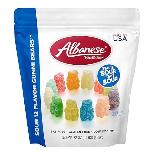 Albanese World's Best Sour 12 Flavor Gummi Bears | 32oz Bag of Candy | 12 Unique Super Sour Flavors, Gluten Free, Fat Free, Soft and Chewy Gummy Bears