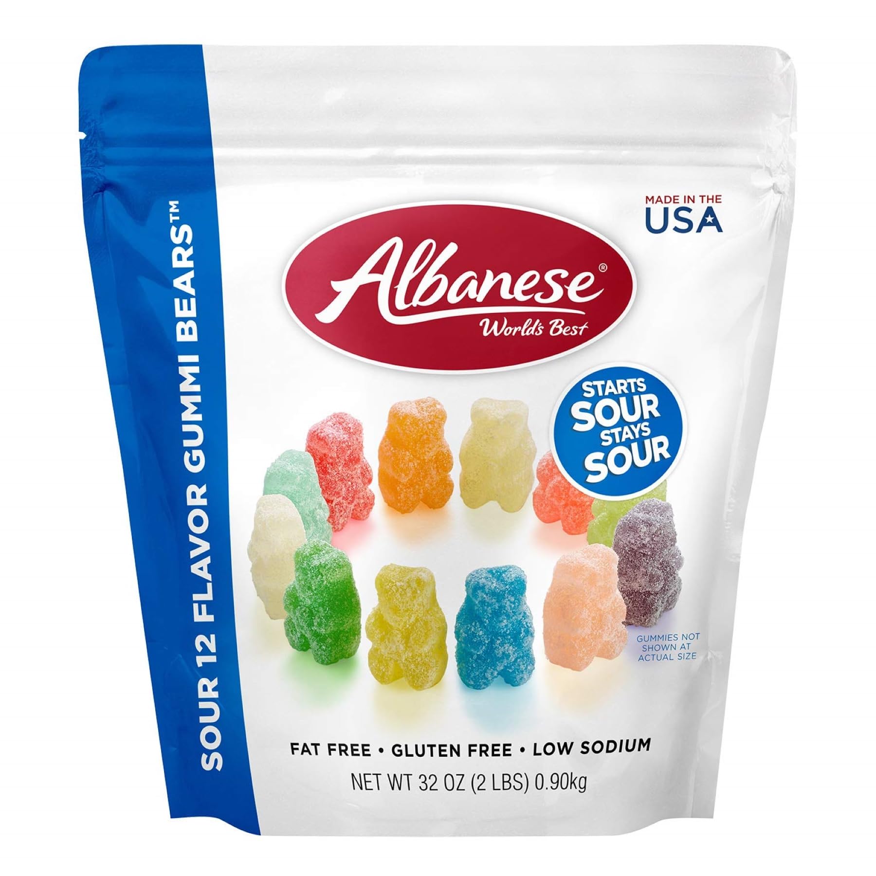 Albanese World's Best Sour 12 Flavor Gummi Bears | 32oz Bag of Candy | 12 Unique Super Sour Flavors, Gluten Free, Fat Free, Soft and Chewy Gummy Bears