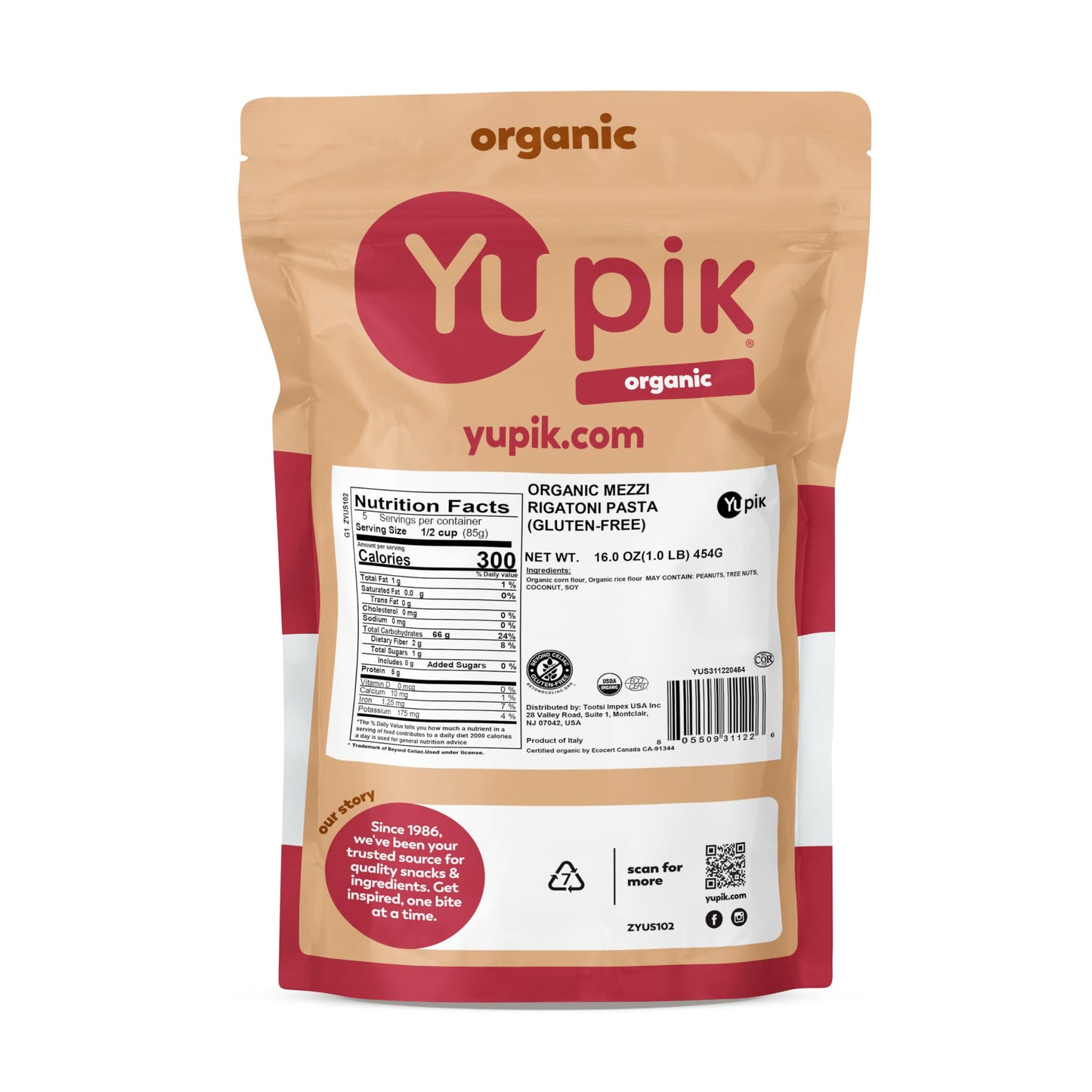 Yupik Organic Mezzi Rigatoni Pasta 16 oz (1 lb), Non-GMO, USDA Certified, Gluten-Free & Egg-Free Pasta Made with Organic Corn & Rice Flour, Authentic