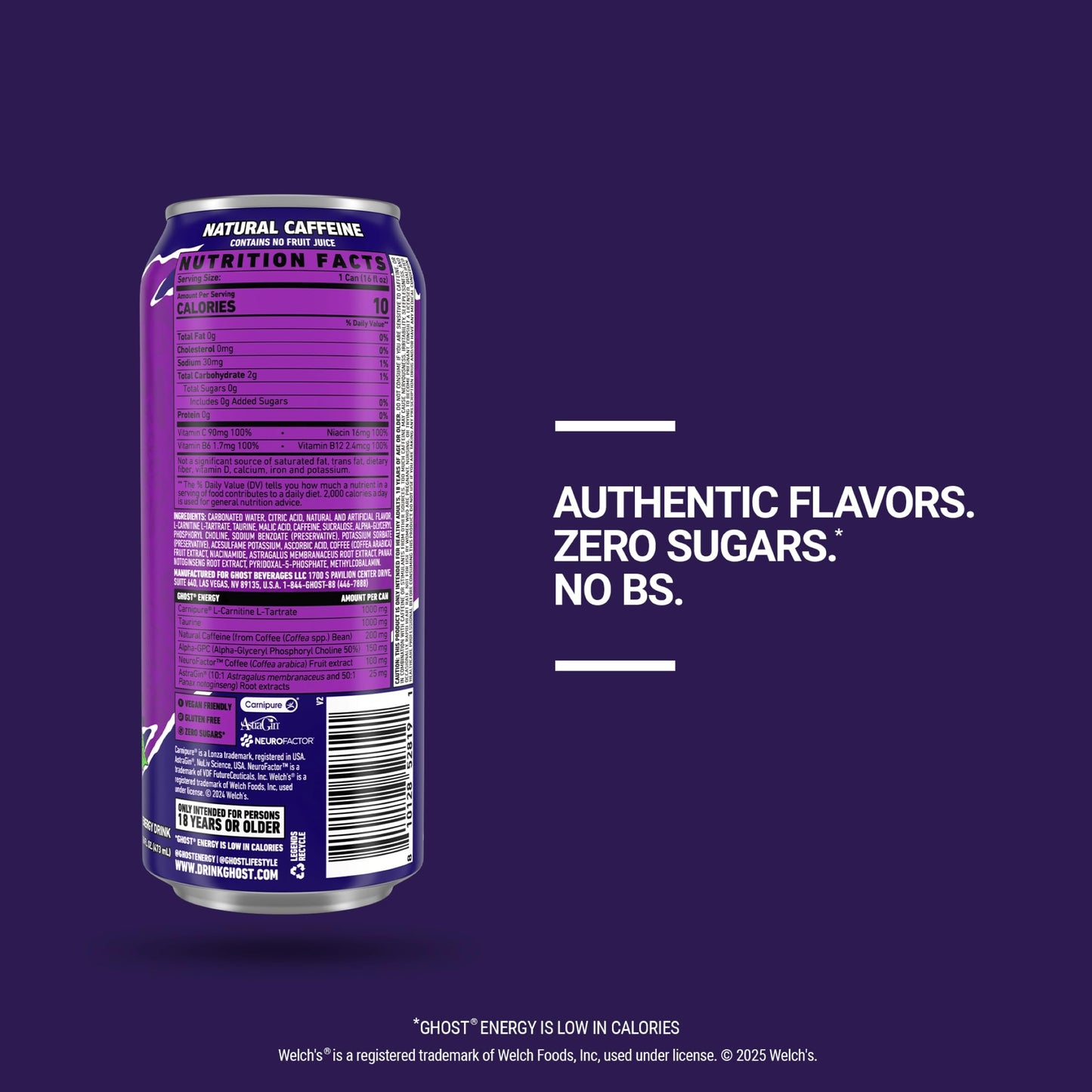 GHOST Energy Drink - 12-Pack, Welch's Grape, 16oz Cans - Energy & Focus & No Artificial Colors - 200mg of Natural Caffeine, L-Carnitine & Taurine