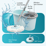 Spin Mop and Bucket with Wringer Set, Operable 360° Rotating Mop Bucket Set with 3 Microfiber Replacement Head, Stainless Steel Extended Handle