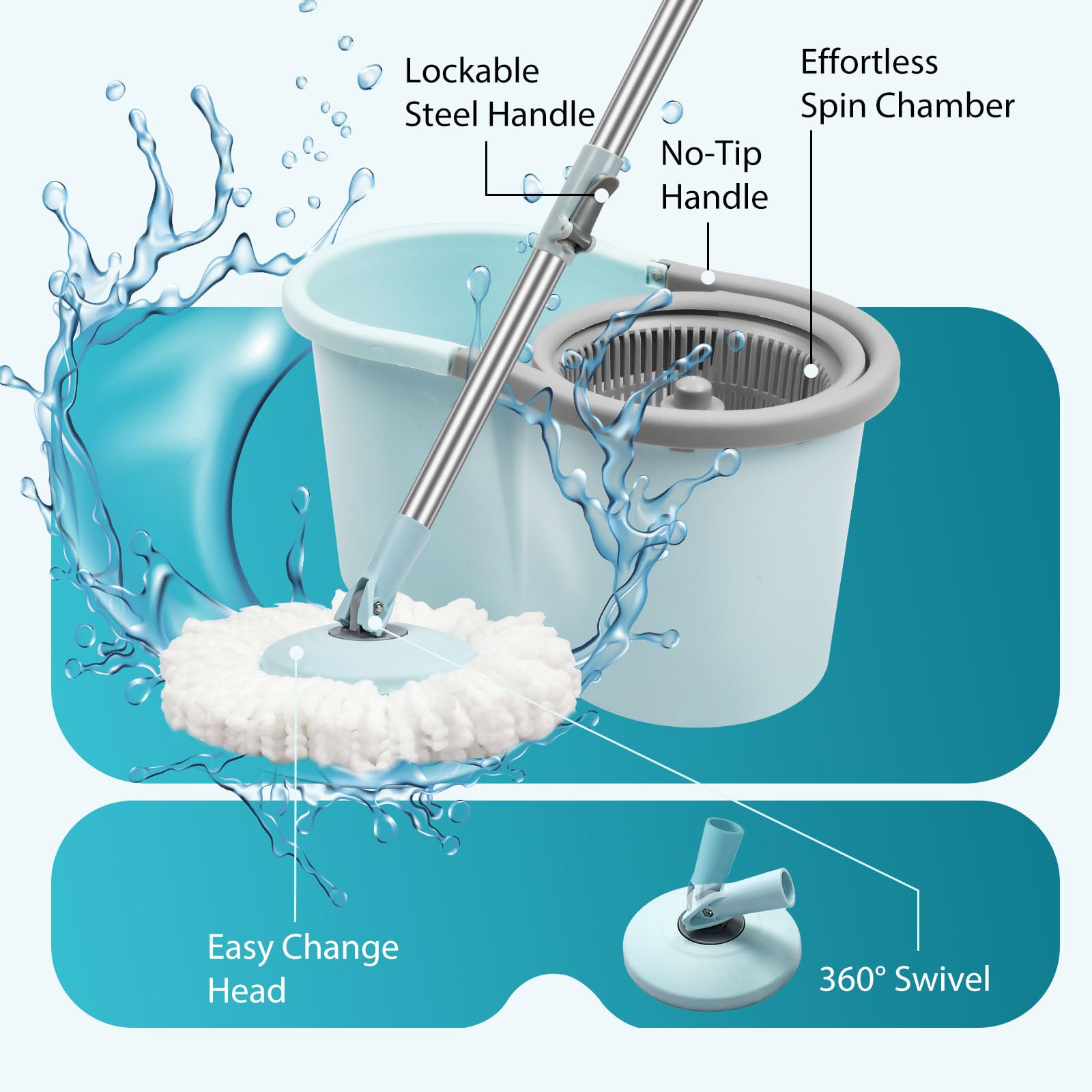 Spin Mop and Bucket with Wringer Set, Operable 360° Rotating Mop Bucket Set with 3 Microfiber Replacement Head, Stainless Steel Extended Handle