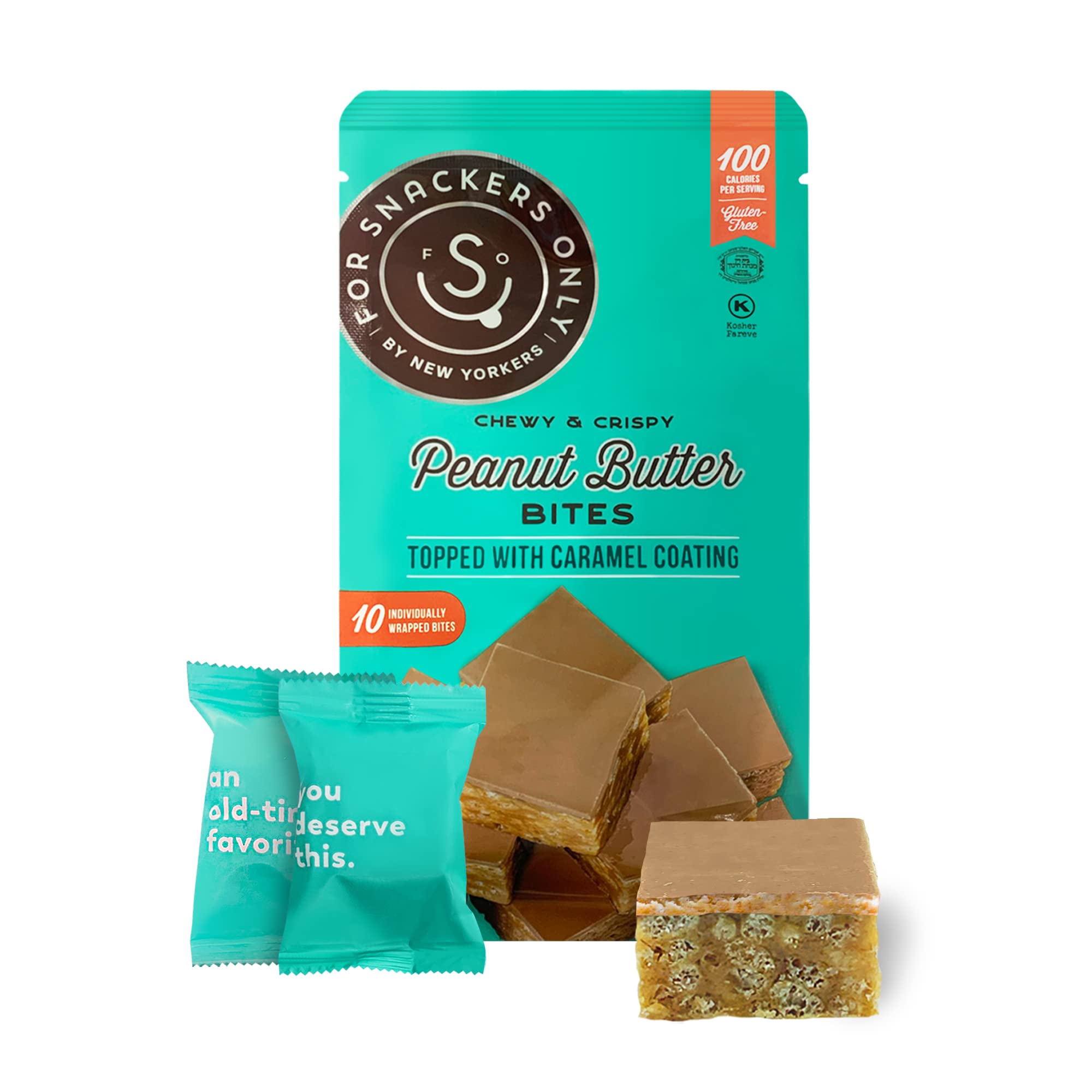 Peanut Butter Bites Topped with Caramel Coating - Gluten Free & Vegan Friendly - Non Dairy Kosher Pareve - 100 Calorie Snack - 8 Individually Wrapped