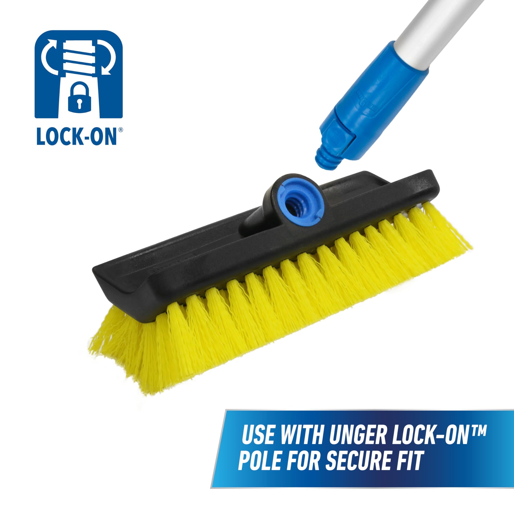 Unger Professional HydroPower Lock-On 10” Bi-Level Scrub Brush, Cleaning Supplies, Scrubber Tool, Compatible with Waterflow Poles, Use in Garage