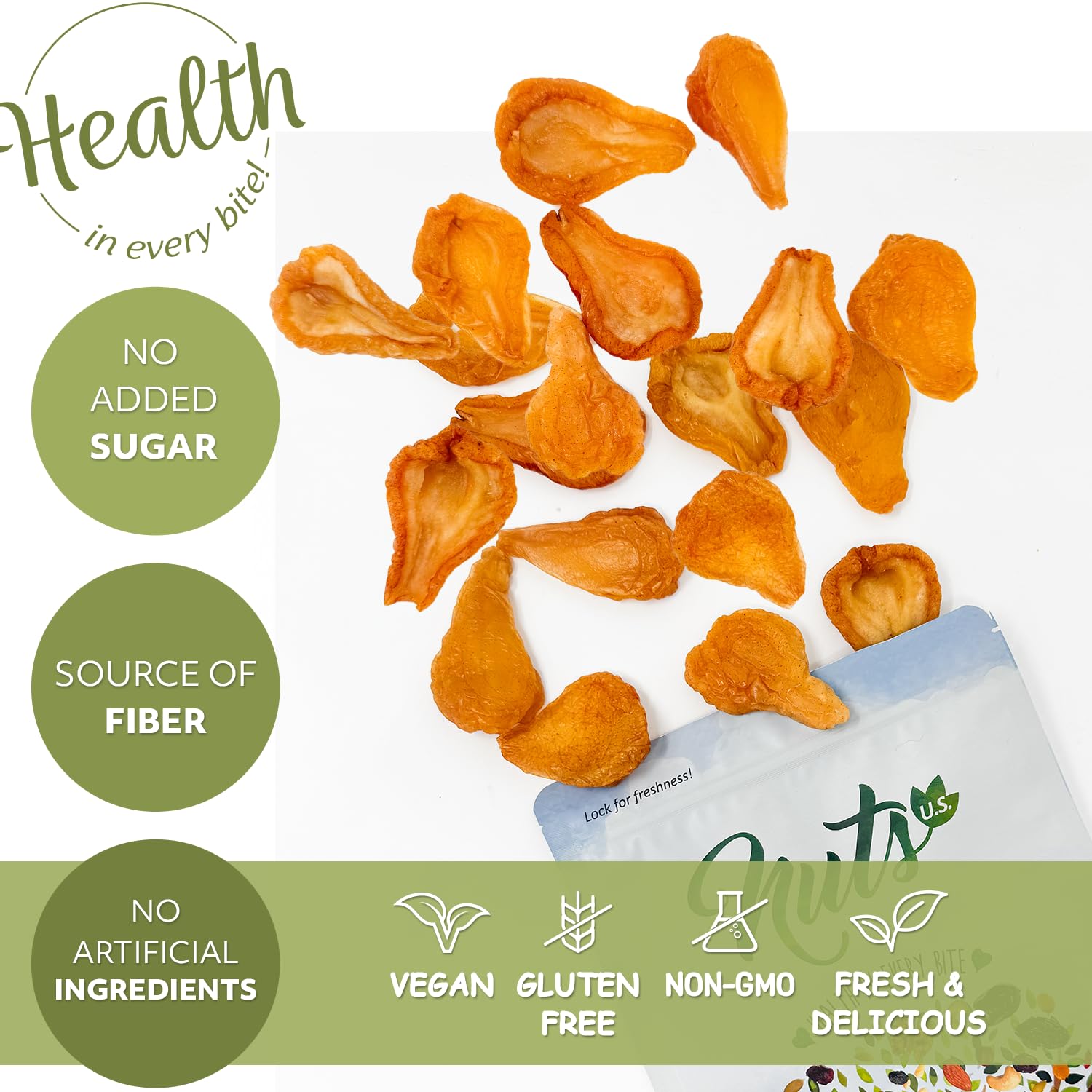 NUTS U.S. - Dried Pears I No Added Sugar I Fresh and Tasty I Non GMO and Gluten Free I Freshly Packed in Resealable Bags (1 LB)