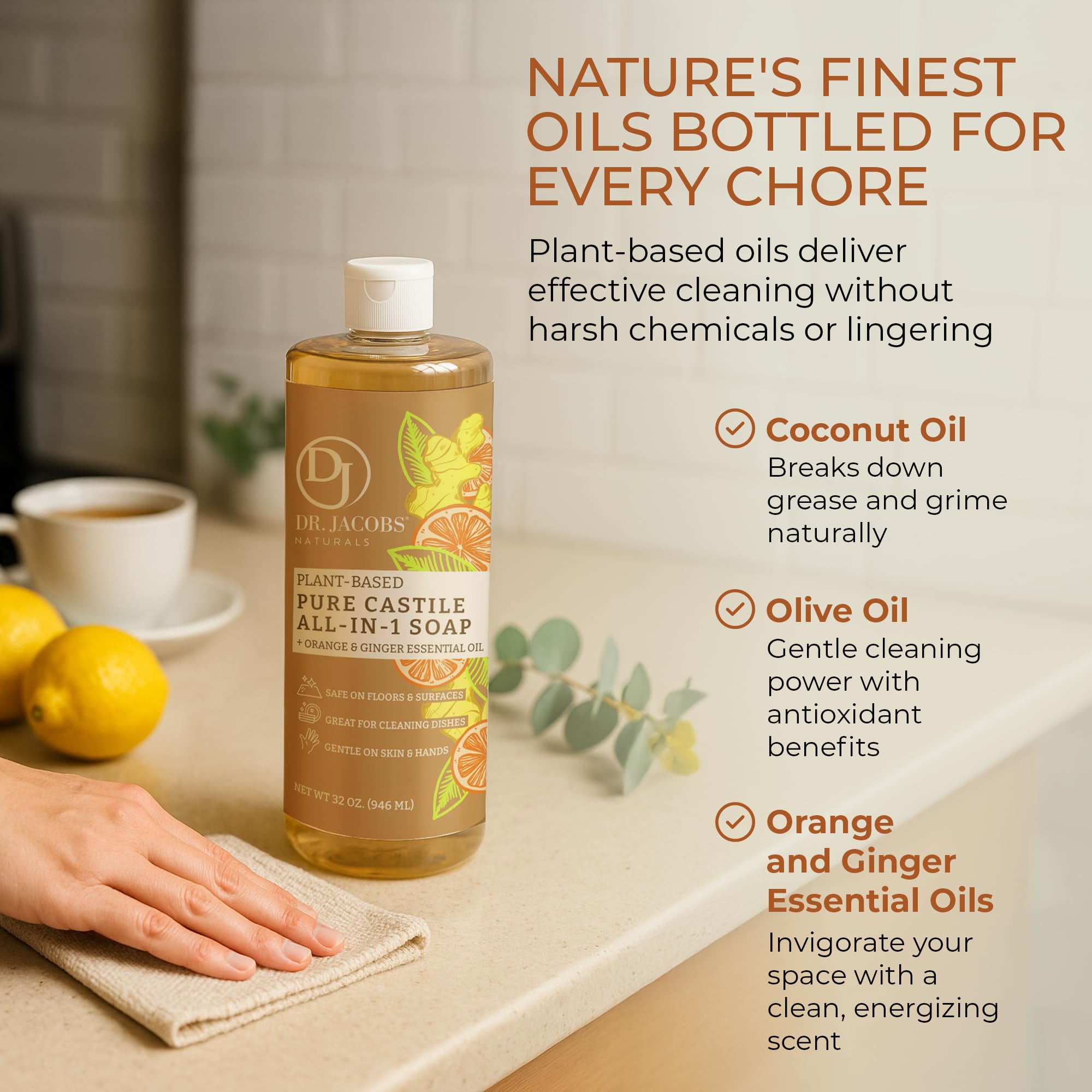Dr. Jacobs Naturals Orange & Ginger Castile All-In-One Cleaner and Soap - Plant-Based Formula for House Cleaning Floors and Appliances - Gentle on