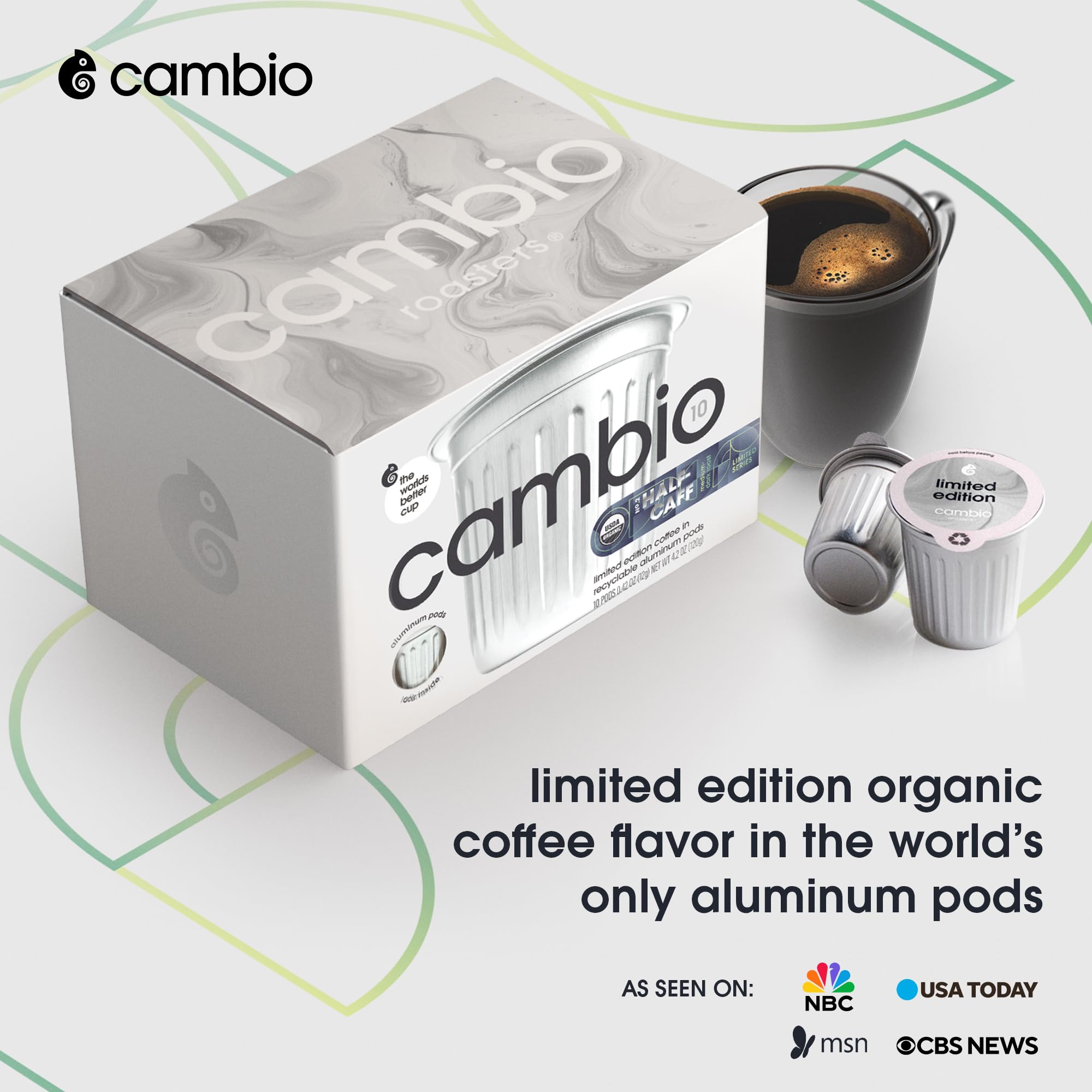 Cambio Roasters Half-Caff Medium-Dark Roast Coffee Pods - The Only Organic Recyclable Aluminum Coffee Pods, Small Batch Roasted, Keurig® Compatible