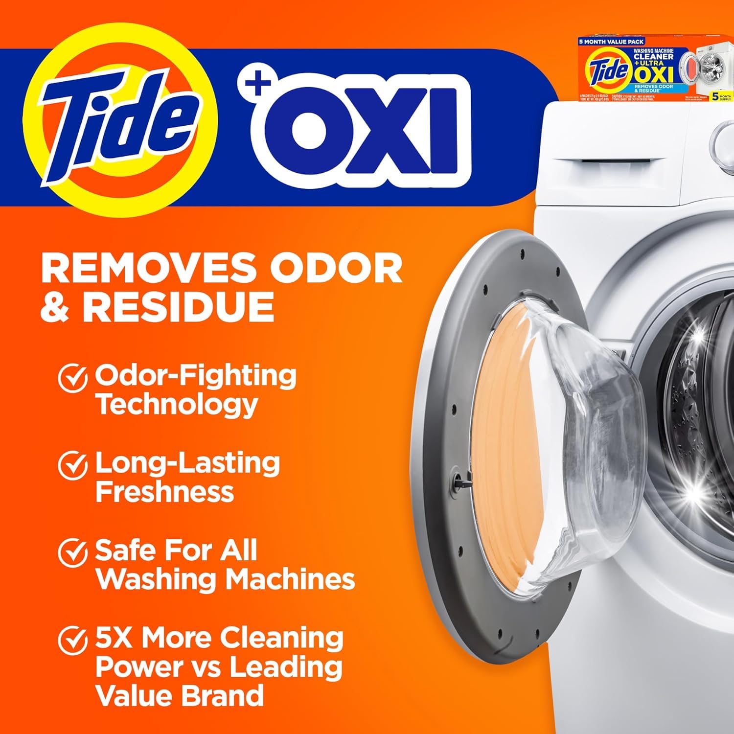 Washing Machine Cleaner by Tide, Washer Machine Cleaner with Oxi for Front and Top Loader Washer Machines, Deep Cleaning Odor Eliminator, 3 Month
