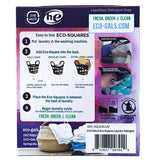 Eco-Gals Eco-Squares laundry detergent sheets with zero waste dry soap technology for cleaning linen and clothes in regular and high efficiency top
