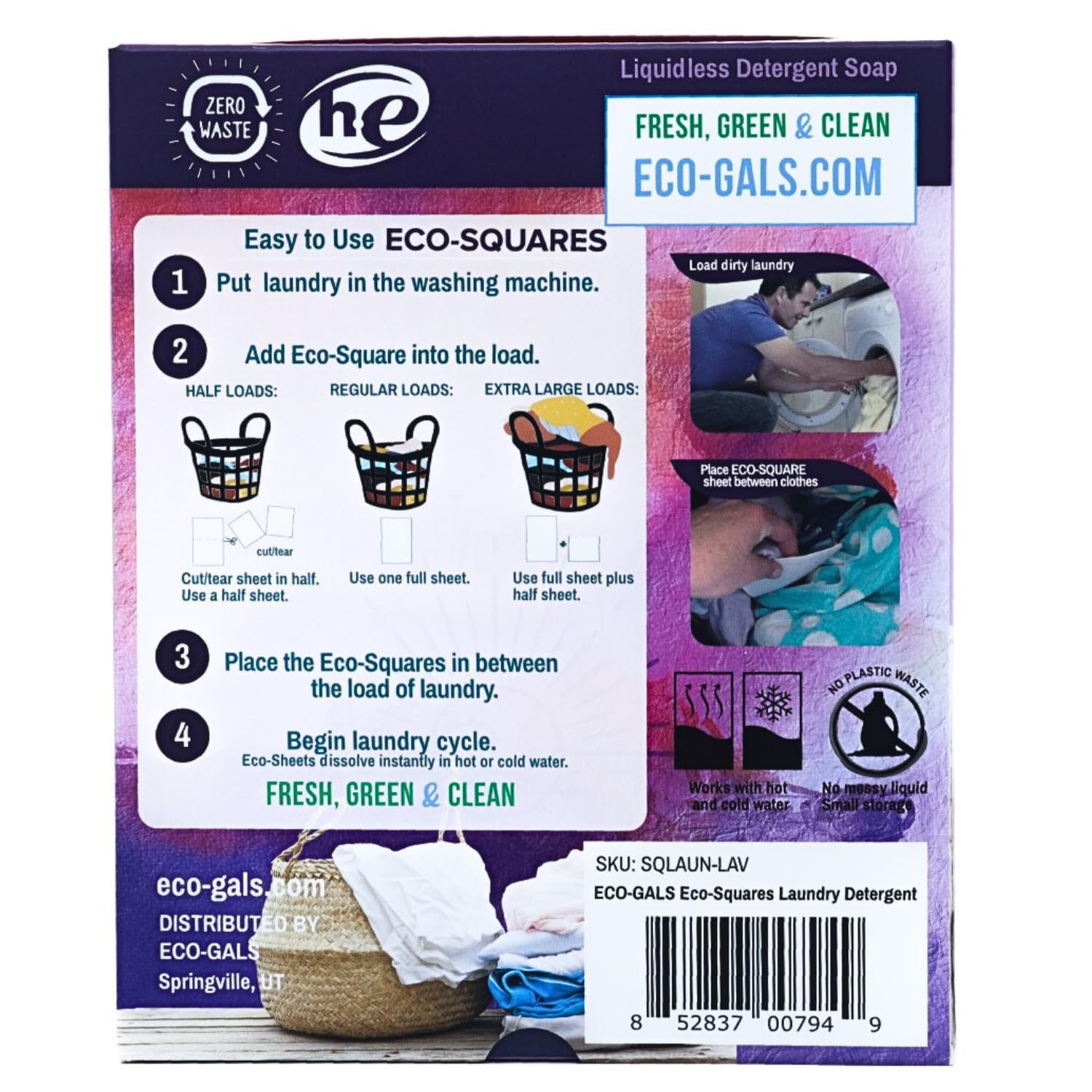 Eco-Gals Eco-Squares laundry detergent sheets with zero waste dry soap technology for cleaning linen and clothes in regular and high efficiency top
