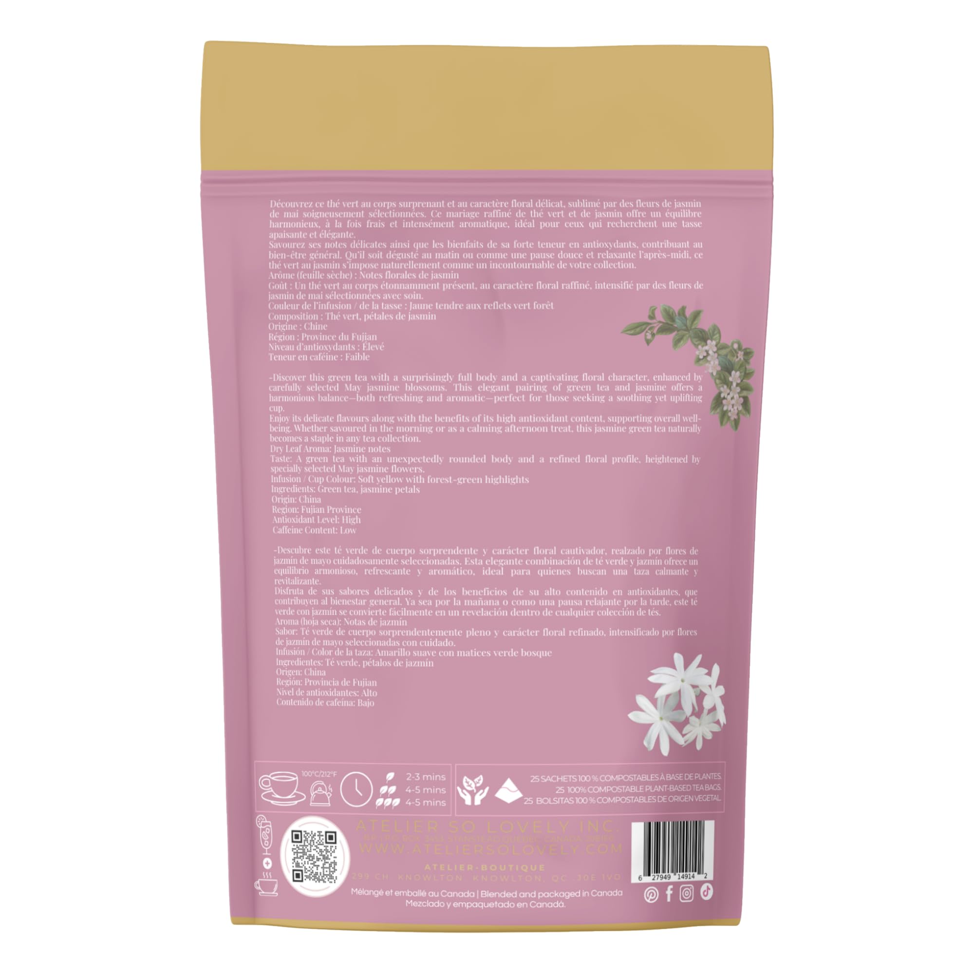 Atelier So Lovely Jasmine Green Tea, Organic, Floral, Low Caffeine, Green Tea with Jasmine Petals