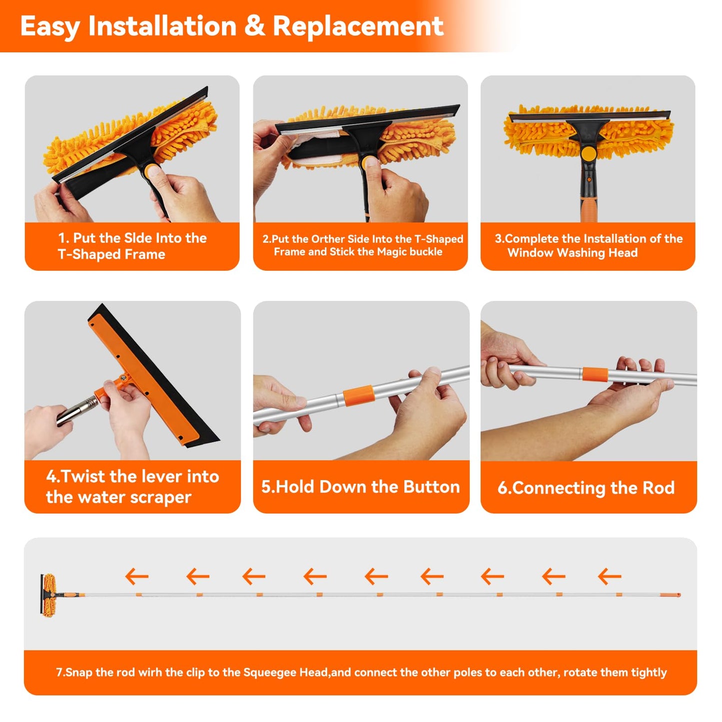 Window Cleaning Tools Window Squeegee: 2 in 1 Double-Sided Professional Cleaner Window Washing Kit with Extension Pole 20+ Ft Duster for High Ceilings