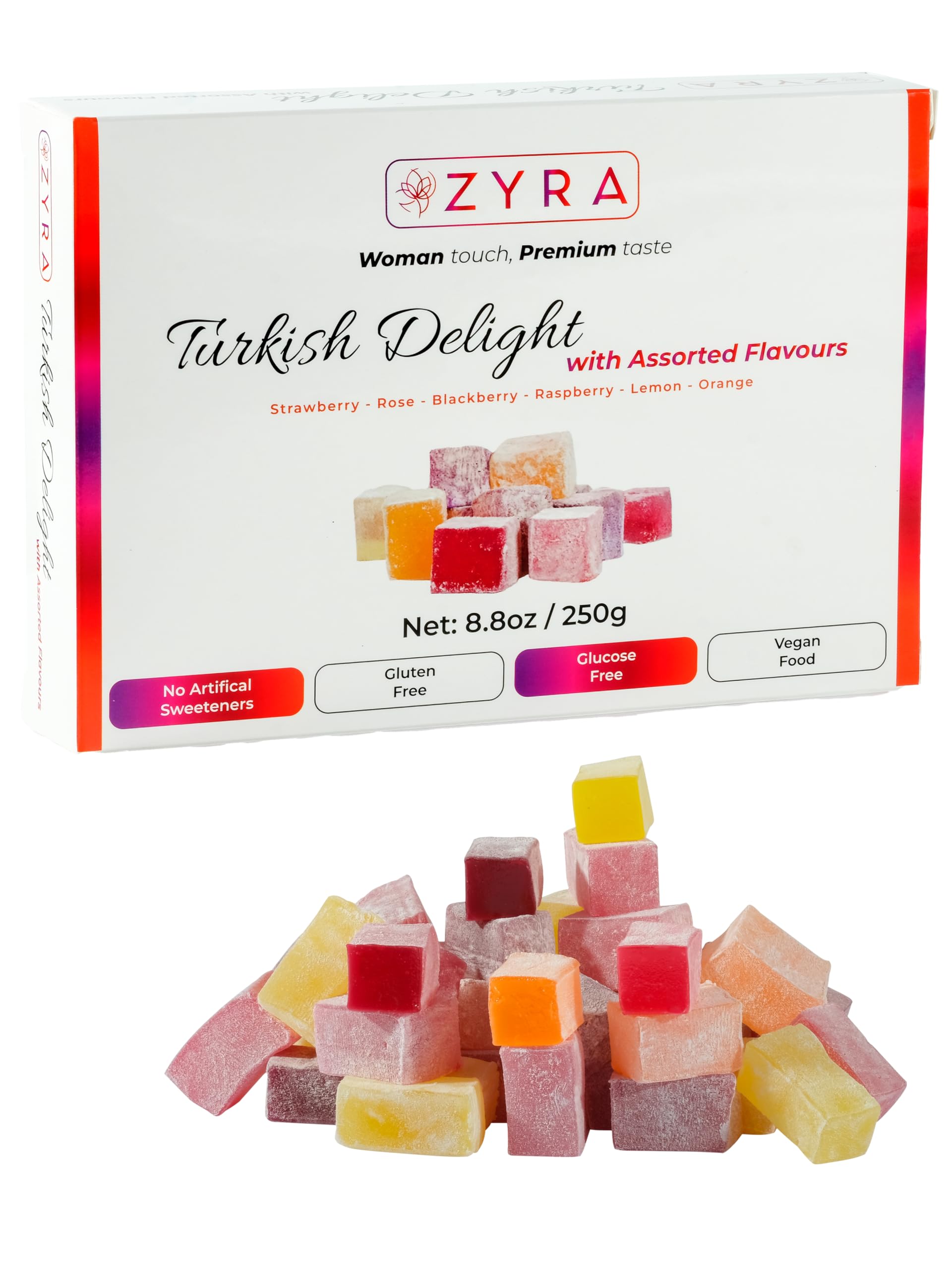ZYRA Turkish Delight - 8.8oz - Woman Owned Brand - Luxury with Assorted Fruit - Rose, Strawberry, Raspberry, Blackberry, Lemon, Orange - Authentic