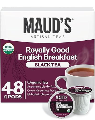 Maud's Organic English Breakfast Black Tea Pods, 48 ct, Single Serve Pods - 100% Gourmet Blended Tea Leaves, Compatible with Keurig K Cups Maker