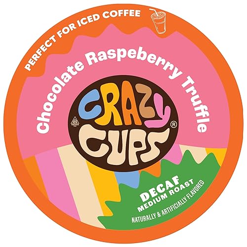 Crazy Cups Decaf Flavored Coffee Pods, Decaffeinated Chocolate Raspberry Truffle Flavored Coffee, Single Serve Hot or Iced Medium Roast Coffee