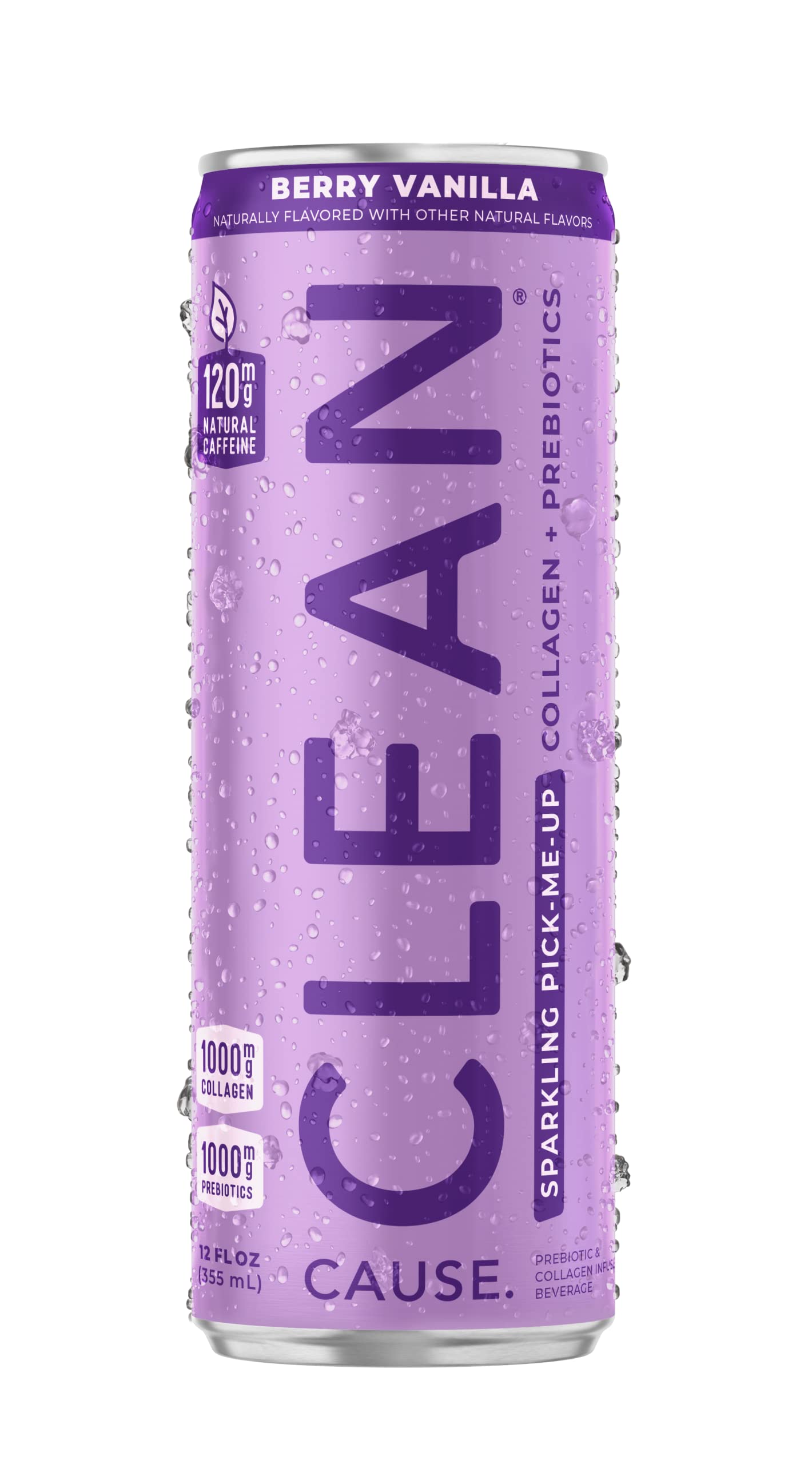 CLEAN Cause Berry Vanilla Sparkling Pick-Me-Up with Prebiotics & Collagen Peptides (12oz cans, 12-Pack Case) Low Sugar, 120mg Caffeine, Healthy