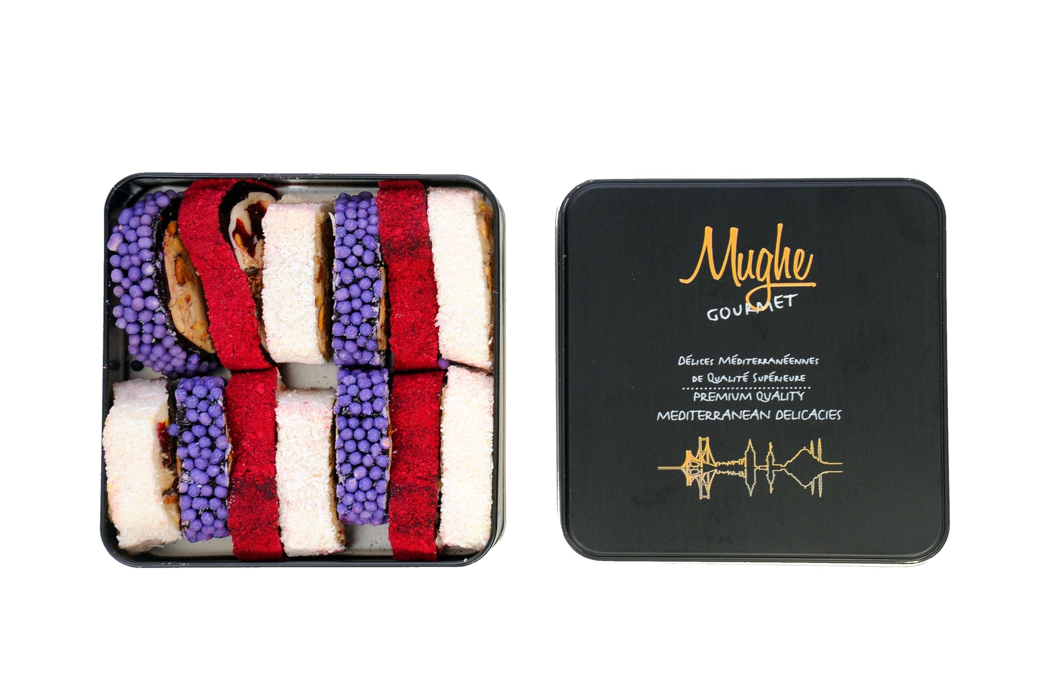 Mughe Gourmet Creamy Crunch Turkish Delight with Premium Nuts - 350g Lokum in Metal Gift Box - Authentic Snack & Dessert