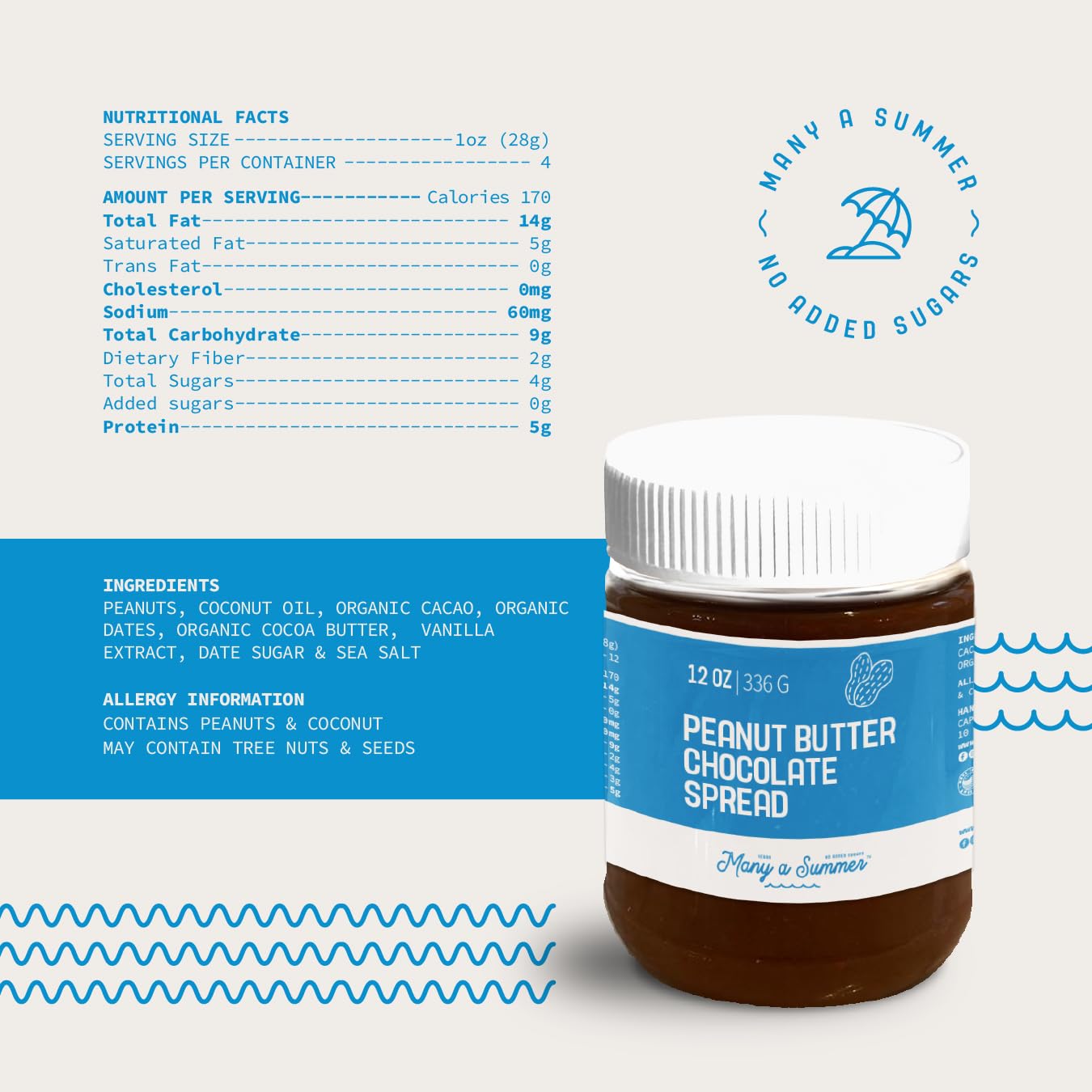Many a Summer Creamy Peanut Butter & Chocolate Spread - No Added Sugars - Date Sweetened - 12oz Jar