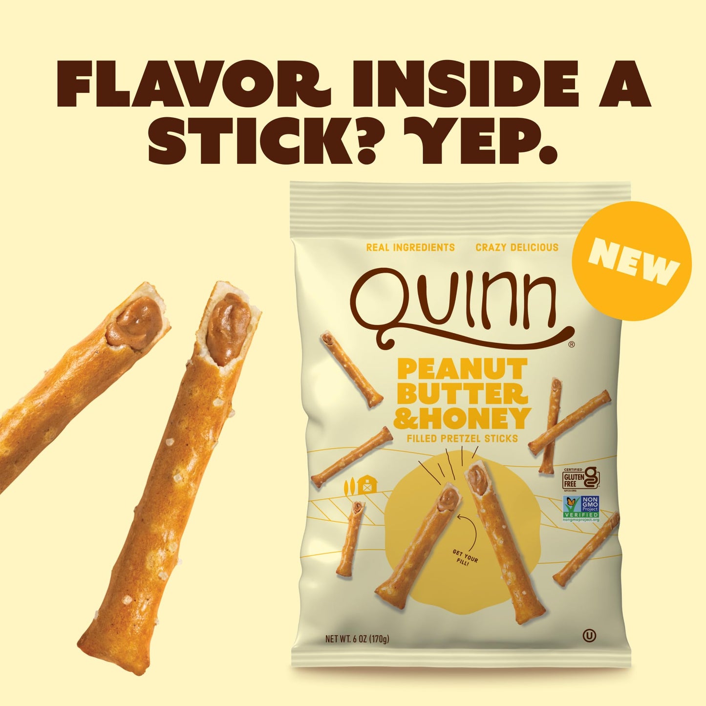 Quinn Snacks Peanut Butter & Honey Filled Pretzel Sticks - Gluten Free Snack, Sweet & Salty, Made with Real Natural Ingredients, Peanuts, Sorghum