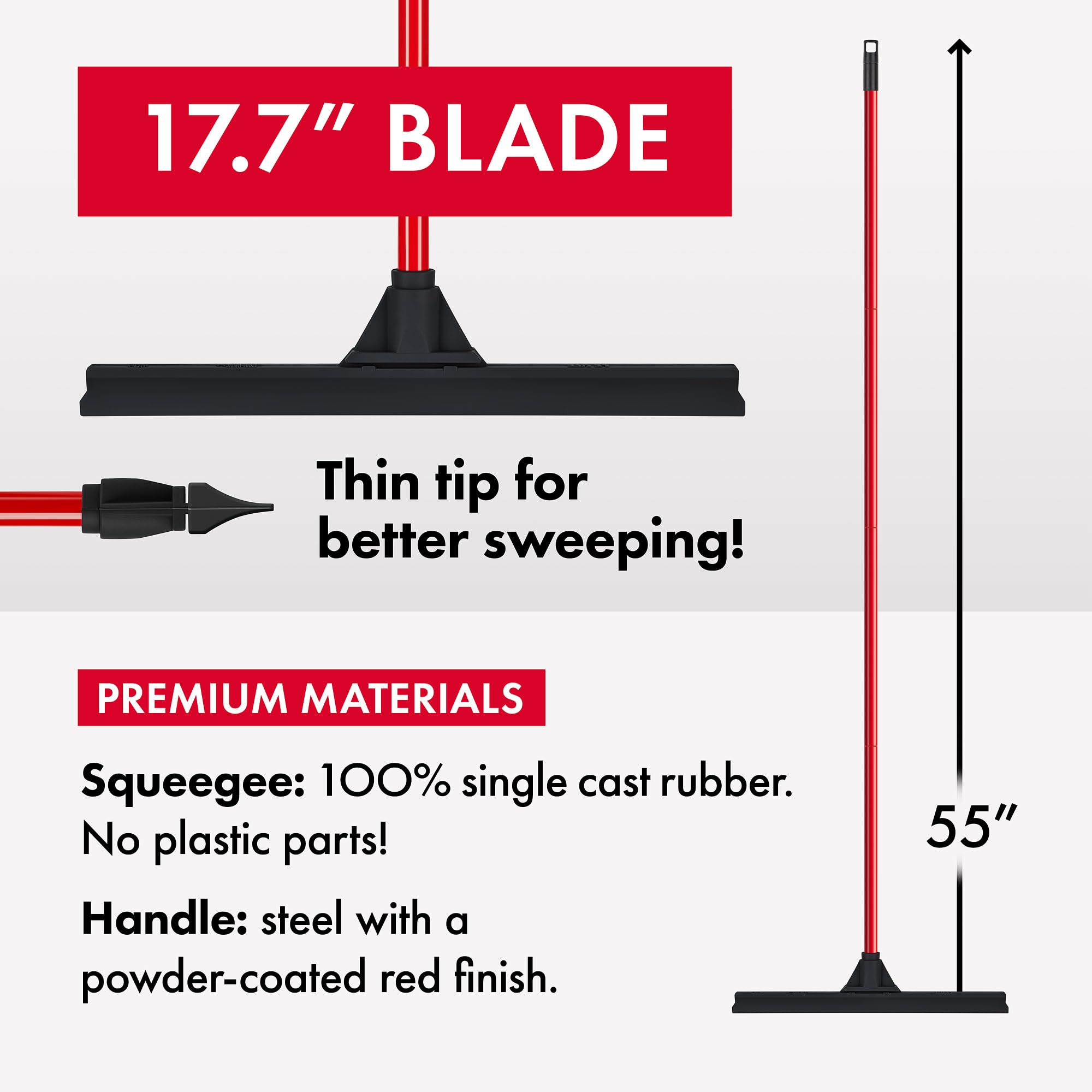 Heavy-Duty Floor Squeegee - Large 18" Wide Blade & 55" Long Handle Professional Grade Concrete, Garage & Commercial Rubber Squeegee Broom Floor