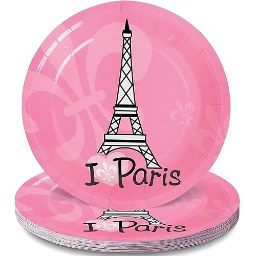Fun Express Perfectly Paris Party Eiffel Tower Paper Dessert Plates - Multicolor Eiffel Tower Theme Party Decorations Disposable Paper Plates