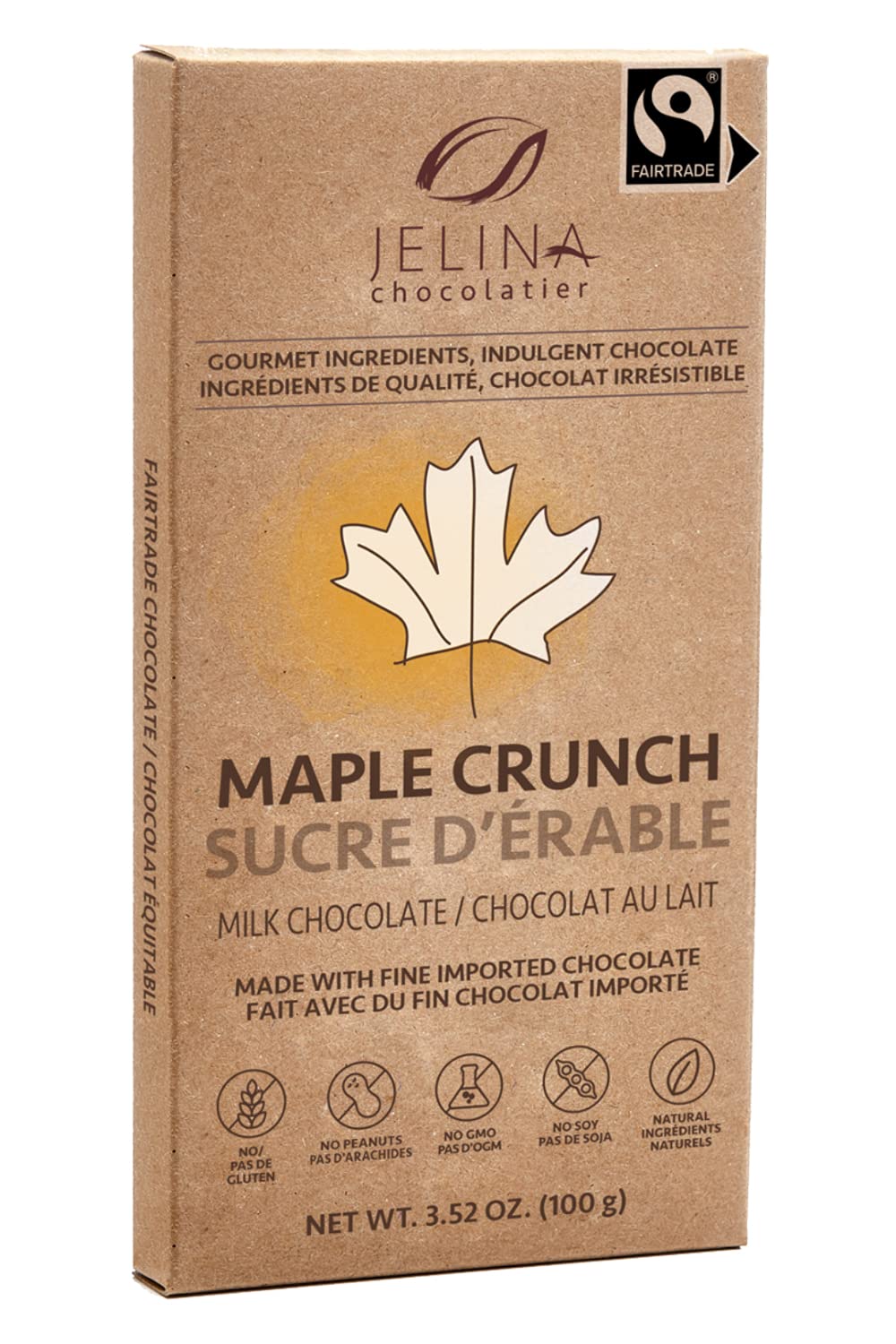 Jelina Chocolatier | 8 Pack Milk Chocolate Bar with Maple Crunch | Fair Trade Chocolate | Imported, Non-GMO, Natural Chocolates - 3.52 Ounce Each