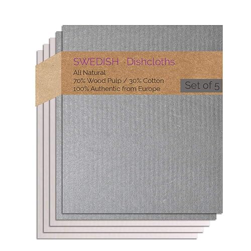 SWEDEdishcloths - Cellulose Sponge Dish Towels - Set of 5 (2 Gray, 3 Natural) Swedish Dish Cloths
