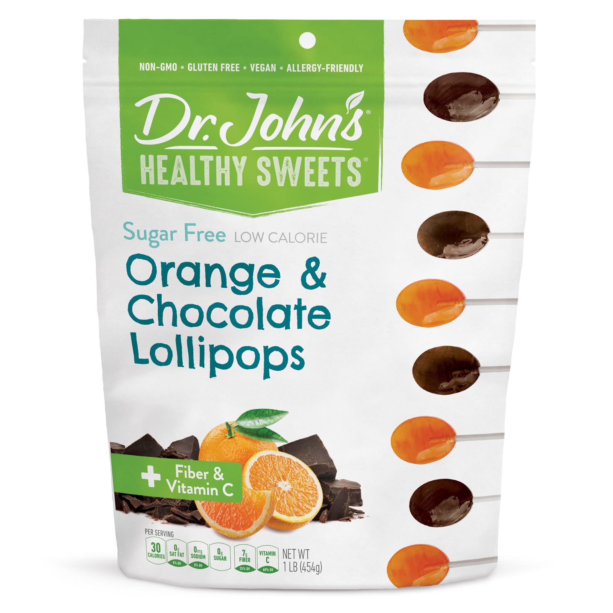 Dr. John's Healthy Sweets Orange & Chocolate Lollipops with Zero Sugar, Dye-Free, Plant Based, Keto Friendly, 60 Count, 1 LB Bag