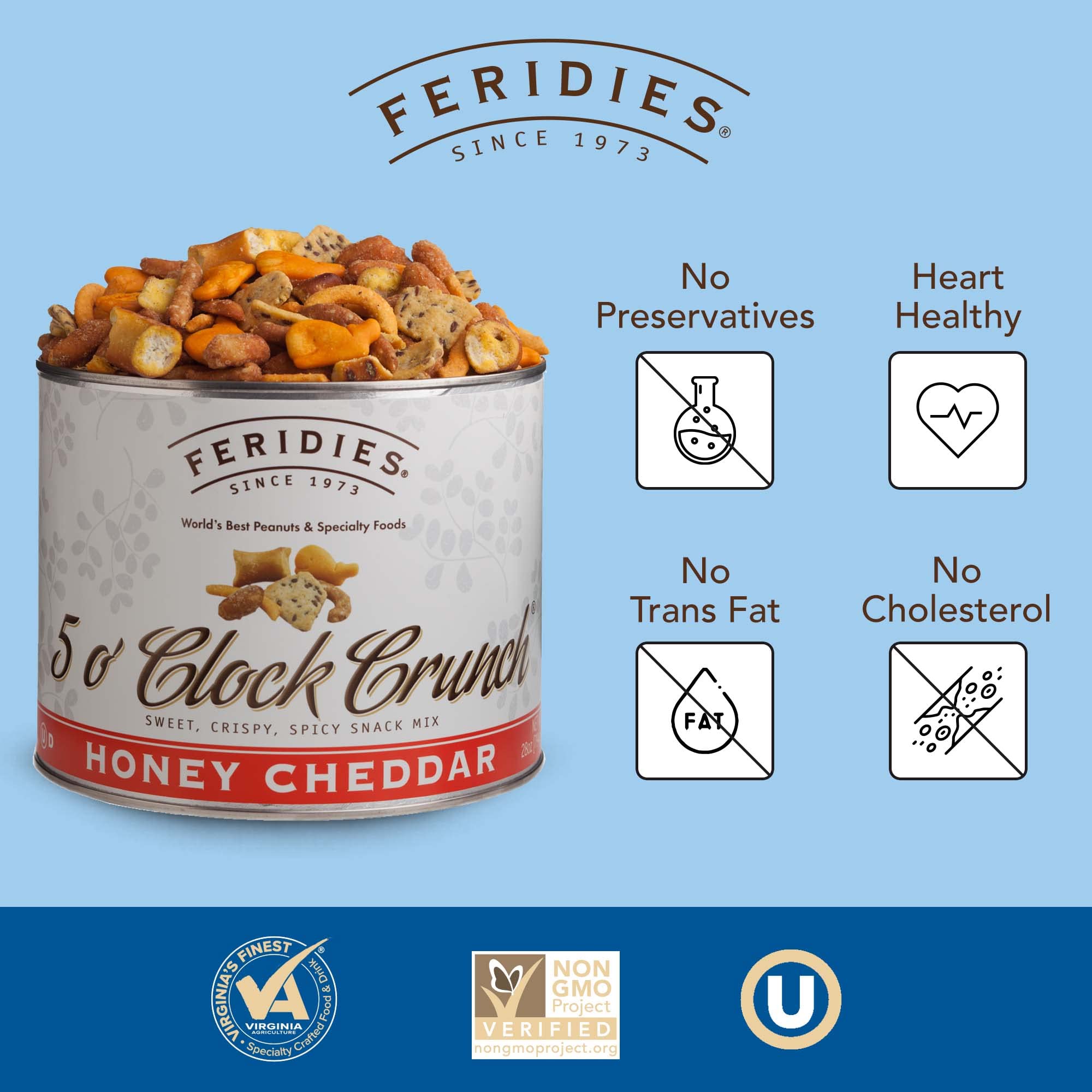 FERIDIES 5 O'clock Crunch Honey Cheddar Gourmet Snack Mix Includes Peanuts Crackers Pretzels Five Oclock Mix - 28 Oz Tin