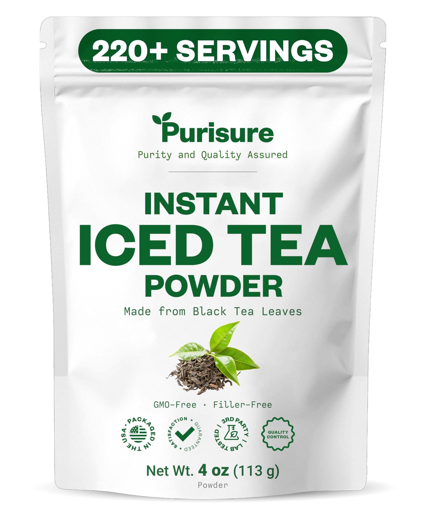 Purisure Unsweetened Instant Black Iced Tea Powder - Made from Real Tea Leaves, No Lemon Flavor, Sugarless, Zero- Calories, Dissolves in Cold Water