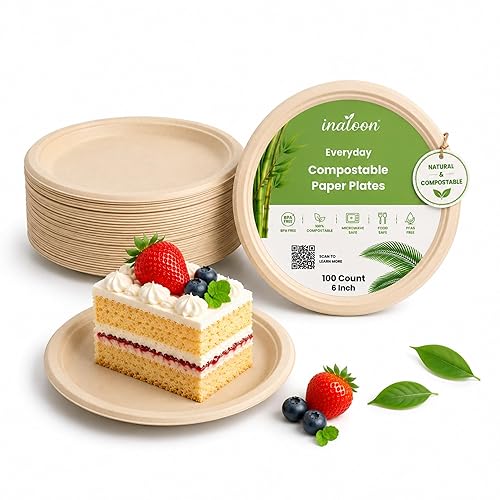 Inaloon 6-Inch Compostable Paper Plates 100 Count Heavy-Duty Natural Dessert Plates Biodegradable Eco-Friendly Plates for Parties and Everyday Use
