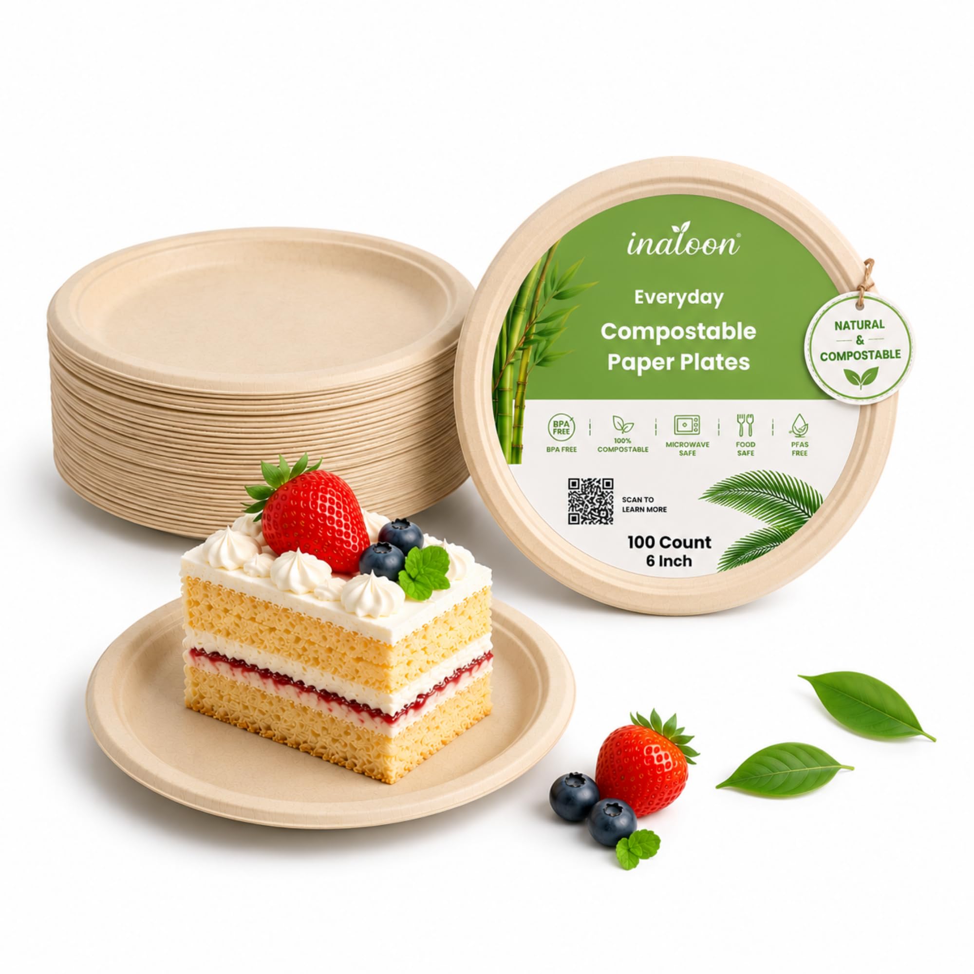 Inaloon 6-Inch Compostable Paper Plates 100 Count Heavy-Duty Natural Dessert Plates Biodegradable Eco-Friendly Plates for Parties and Everyday Use
