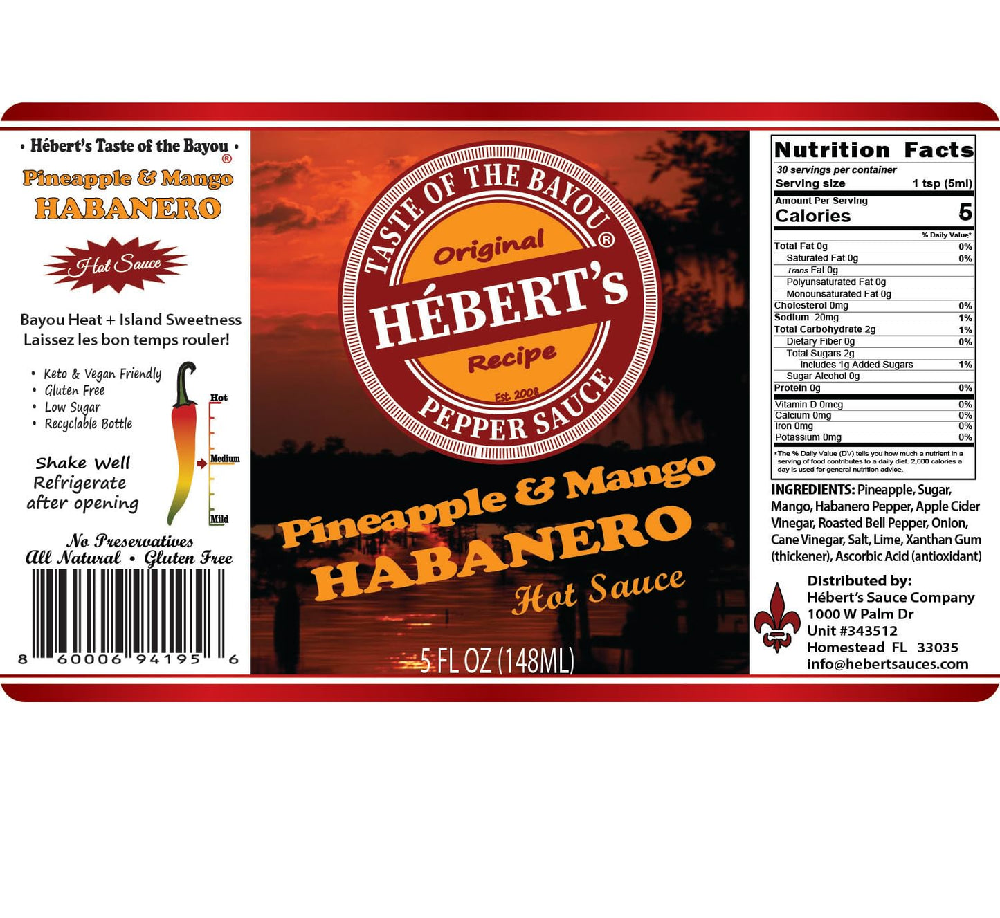 HÉBERT’s Pineapple Mango Habanero Hot Sauce - Sweet Tropical Heat with Pineapple & Mango Blends - Medium Hot Thick Gourmet Hot Sauce for Tacos