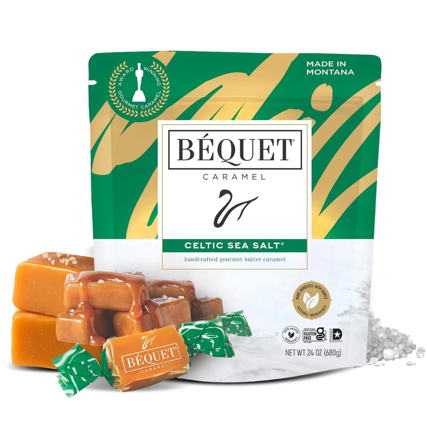 Béquet Celtic Sea Salt Caramels - Soft, Individually Wrapped Gourmet Caramel Candy, Gluten?Free & Kosher - 24 oz Resealable Pouch